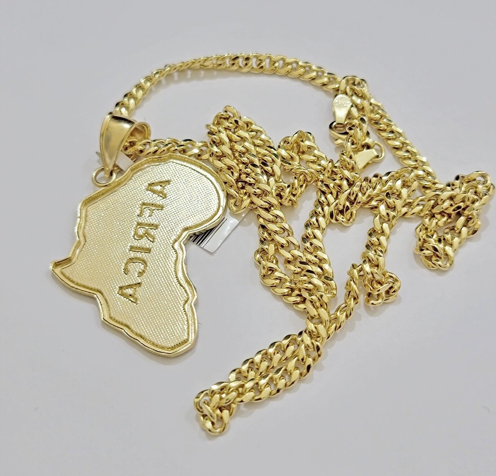 Real 10k Gold Miami Cuban Link Chain Necklace 4mm Africa Continent Charm Pendant - GoldenlinQ