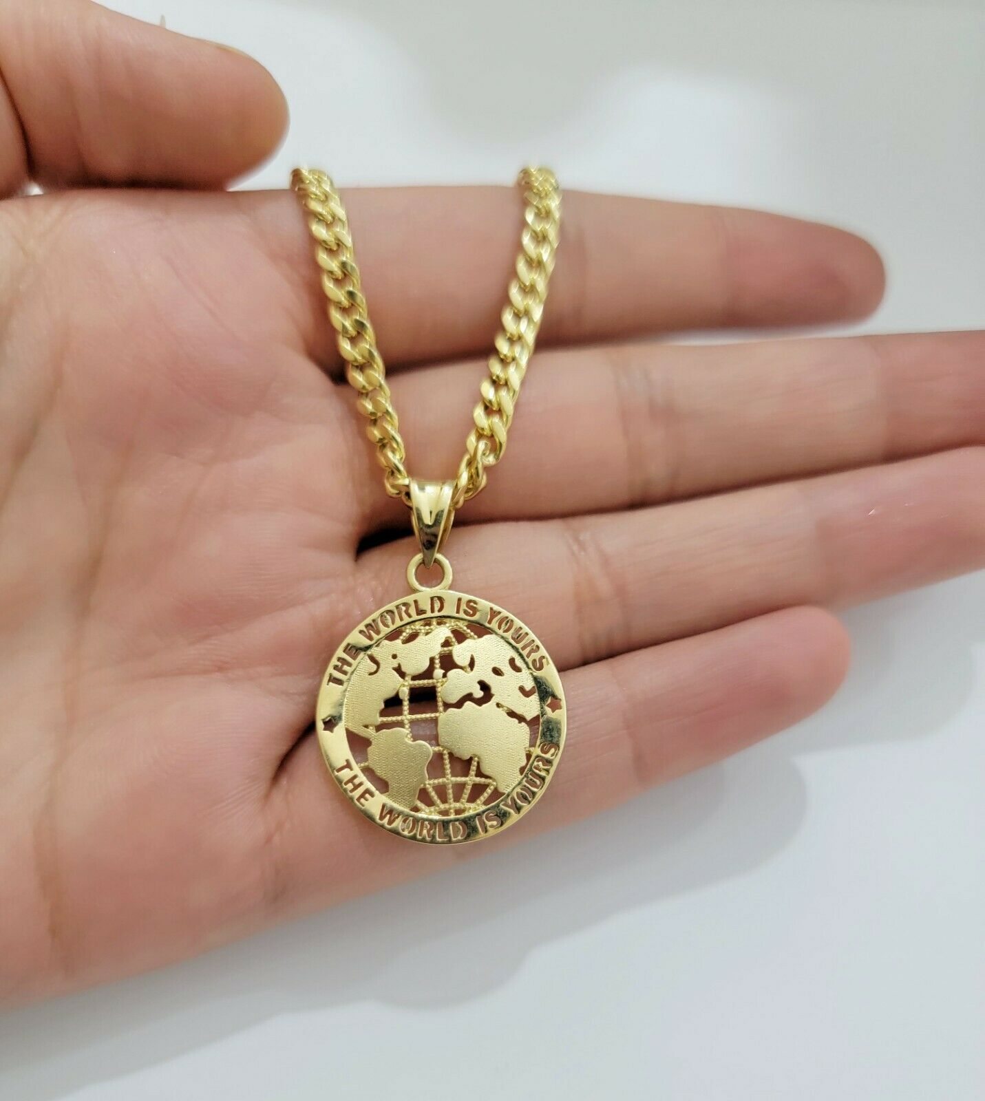 Real 10k Gold Miami Cuban Link Chain Pendant Set 3.5mm Necklace World Map Charm - GoldenlinQ