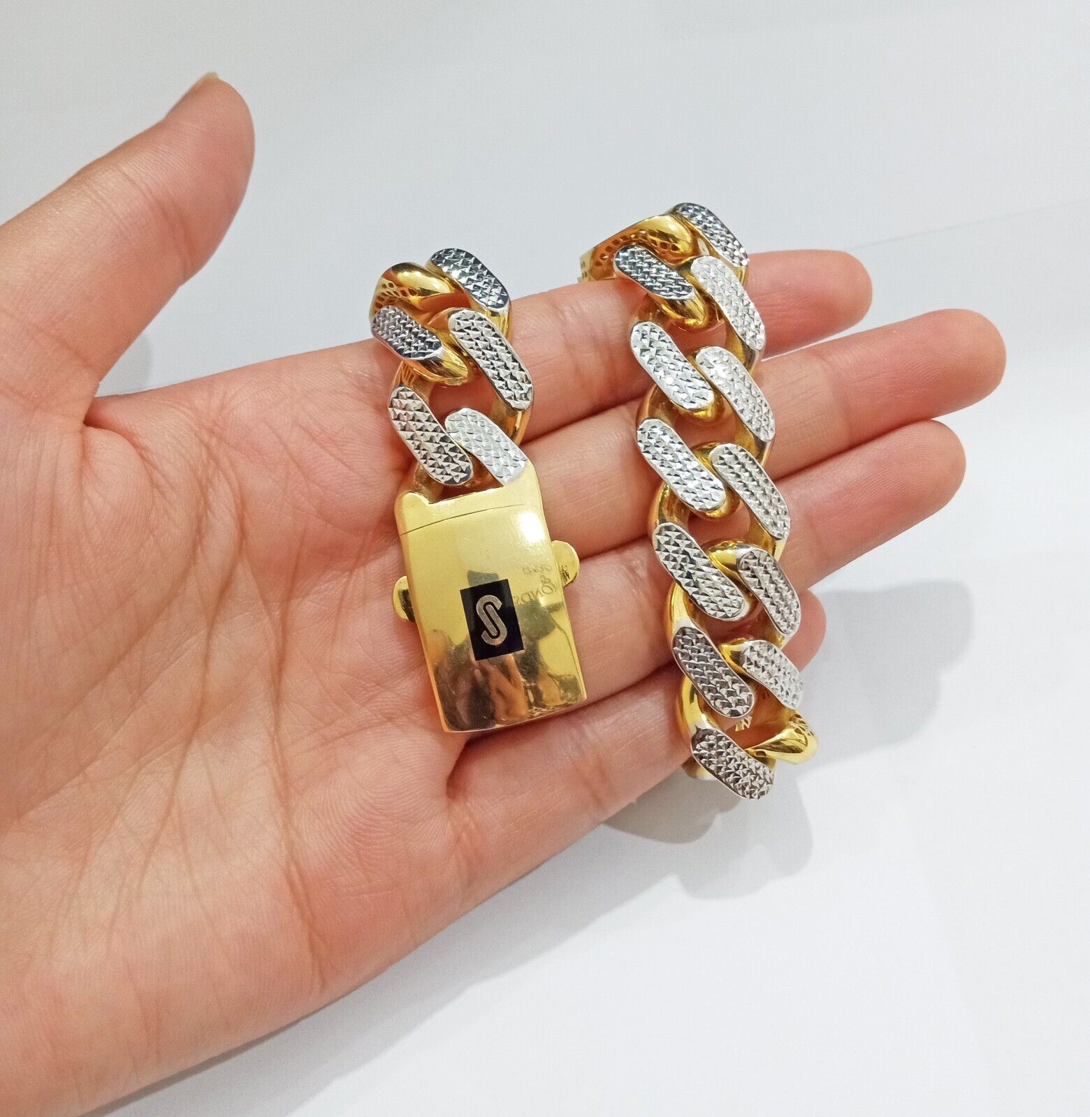 Real 10k Gold Monaco Bracelet 17mm 9" Two - tone Diamond Cut 10kt Royal Cuban link - GoldenlinQ