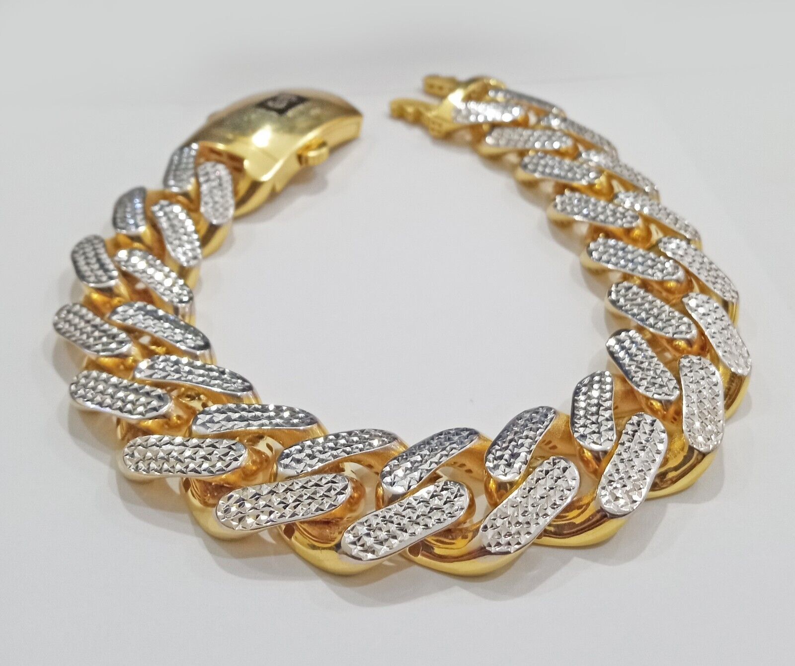 Real 10k Gold Monaco Bracelet 17mm Royal Cuban link 8" Two - tone Diamond Cut 10kt - GoldenlinQ