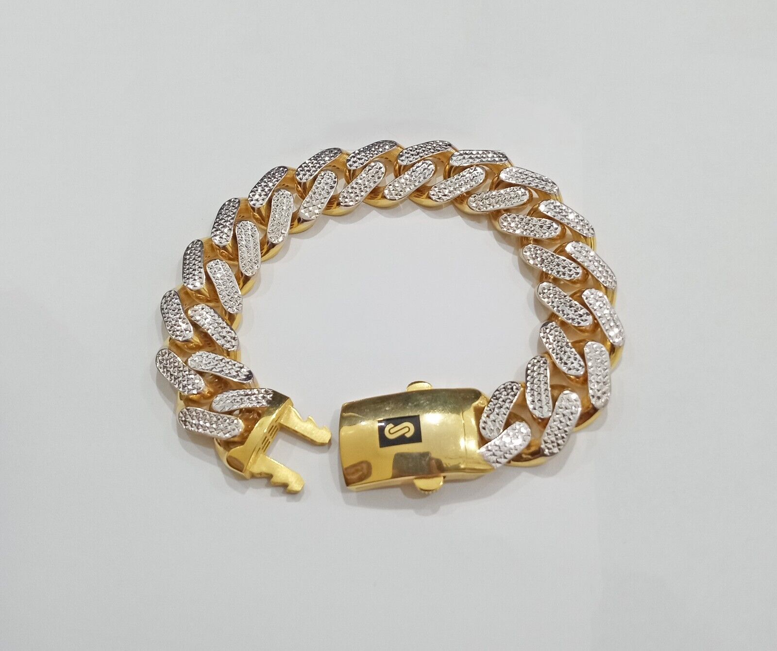 Real 10k Gold Monaco Bracelet 17mm Royal Cuban link 8" Two - tone Diamond Cut 10kt - GoldenlinQ