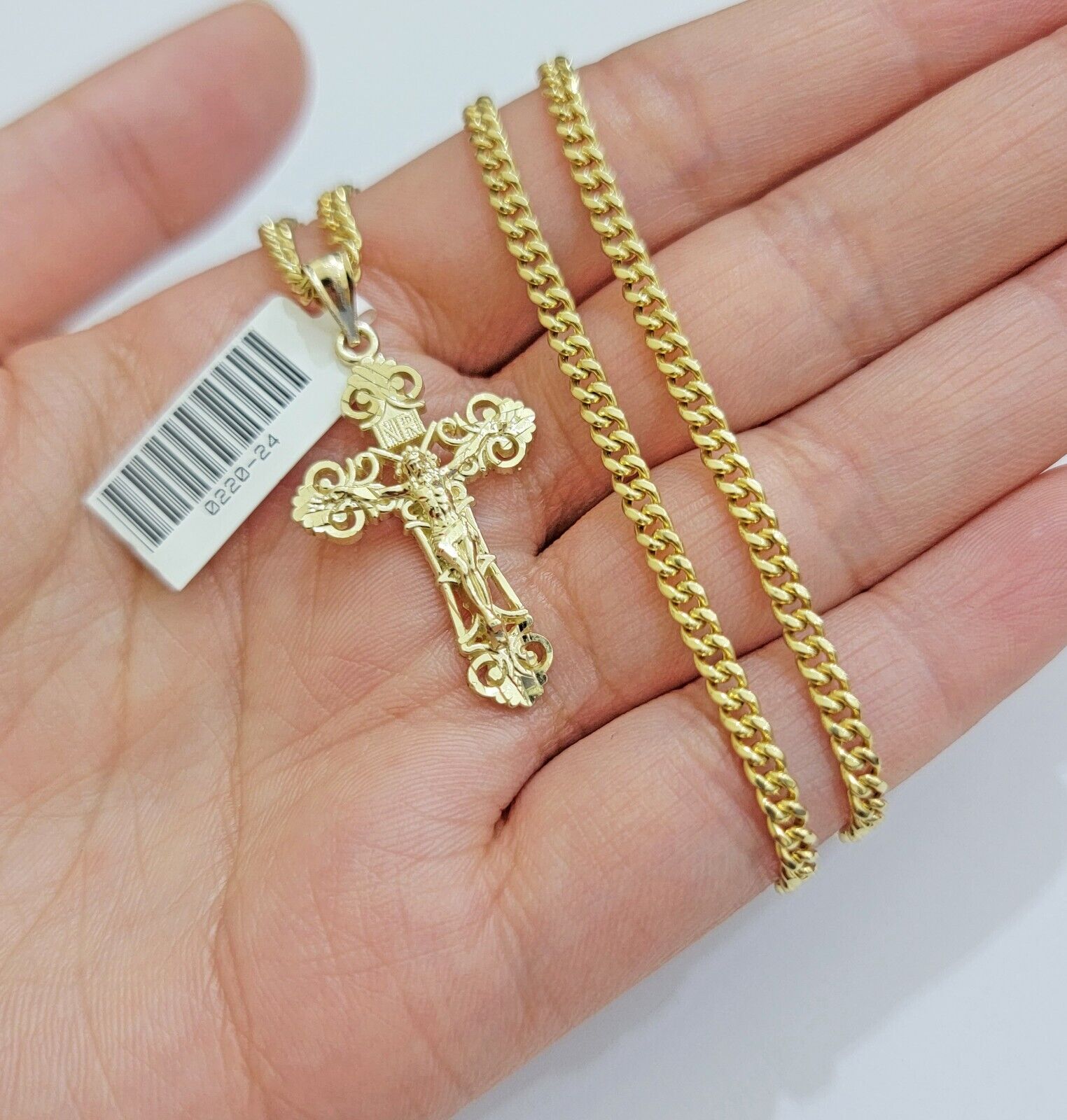 Real 10k Gold Necklace Chain Jesus Cross Charm Pendant SET 3mm Miami Cuban Link - GoldenlinQ