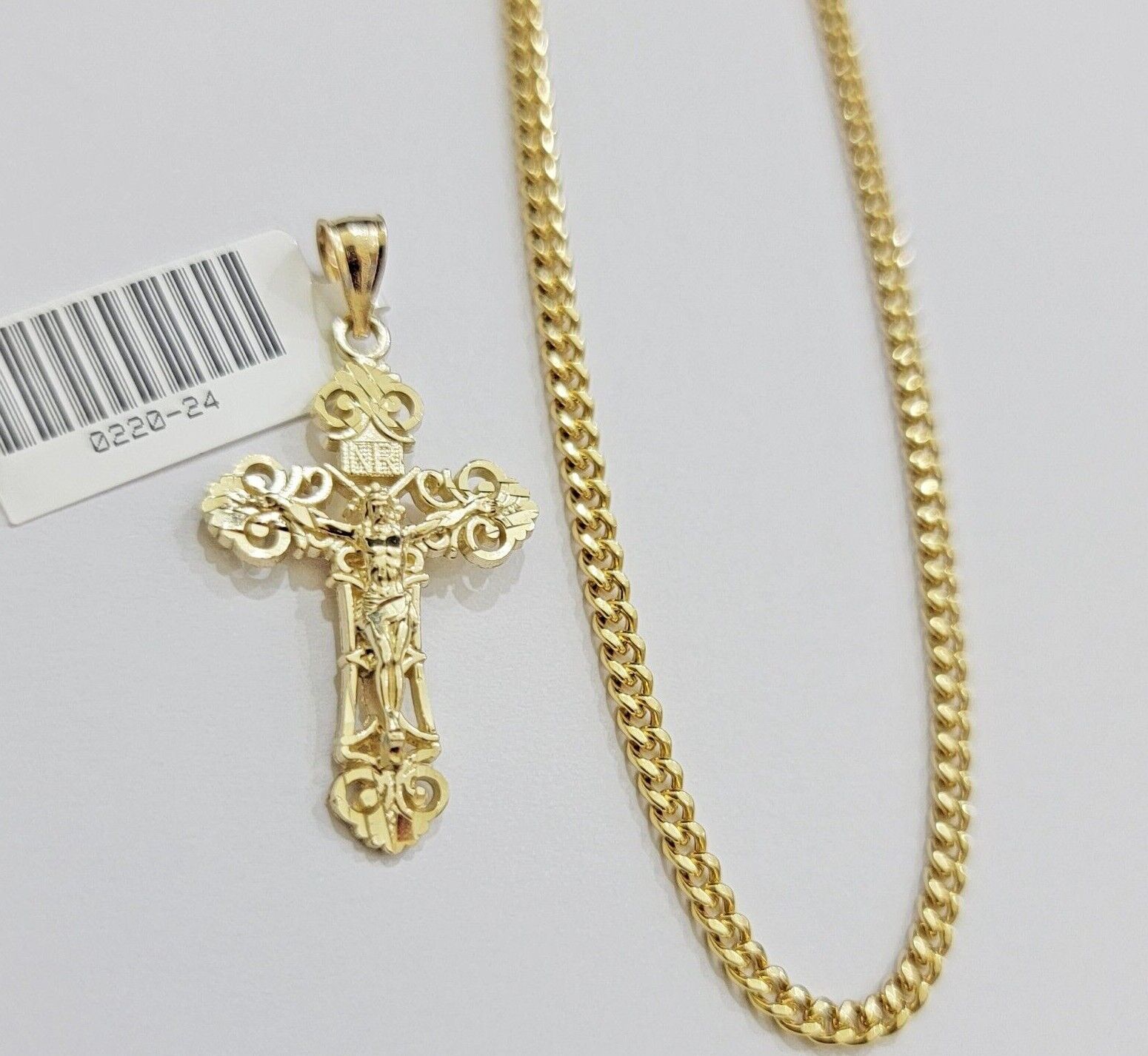 Real 10k Gold Necklace Chain Jesus Cross Charm Pendant SET 3mm Miami Cuban Link - GoldenlinQ