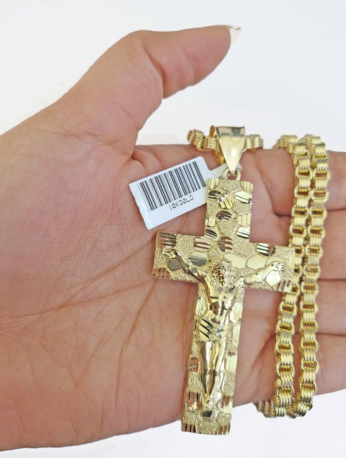 Real 10k Gold Nugget Cross Byzantine Chain Necklace 4mm 22" Chain Charm SET 10kt - GoldenlinQ