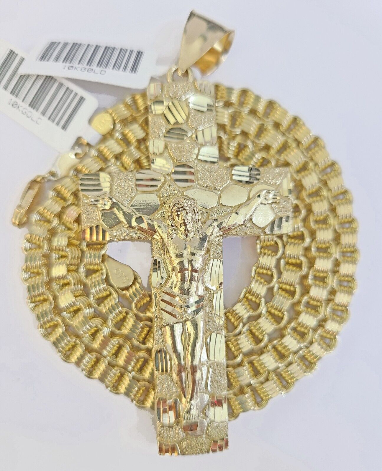 Real 10k Gold Nugget Cross Byzantine Chain Necklace 4mm 22" Chain Charm SET 10kt - GoldenlinQ