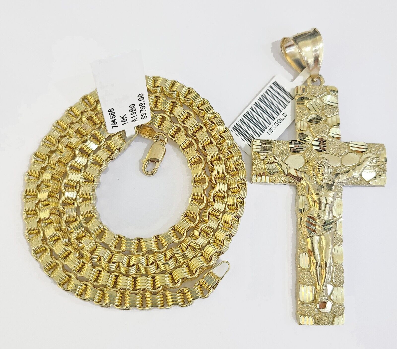 Real 10k Gold Nugget Cross Byzantine Necklace 4mm 20" Chain Charm SET 10kt - GoldenlinQ