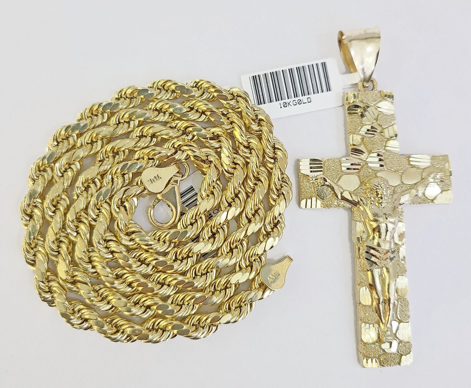 Real 10k Gold Nugget Cross Byzantine Necklace 5mm 22" Chain Charm SET 10kt - GoldenlinQ