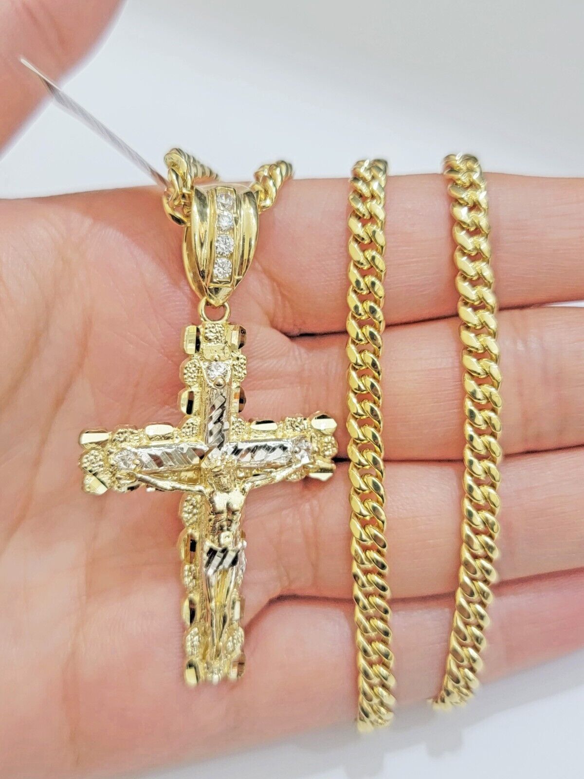 Real 10k Gold Nugget Cross Charm pendant Cuban Link Chain Necklace 5mm 20" Set - GoldenlinQ