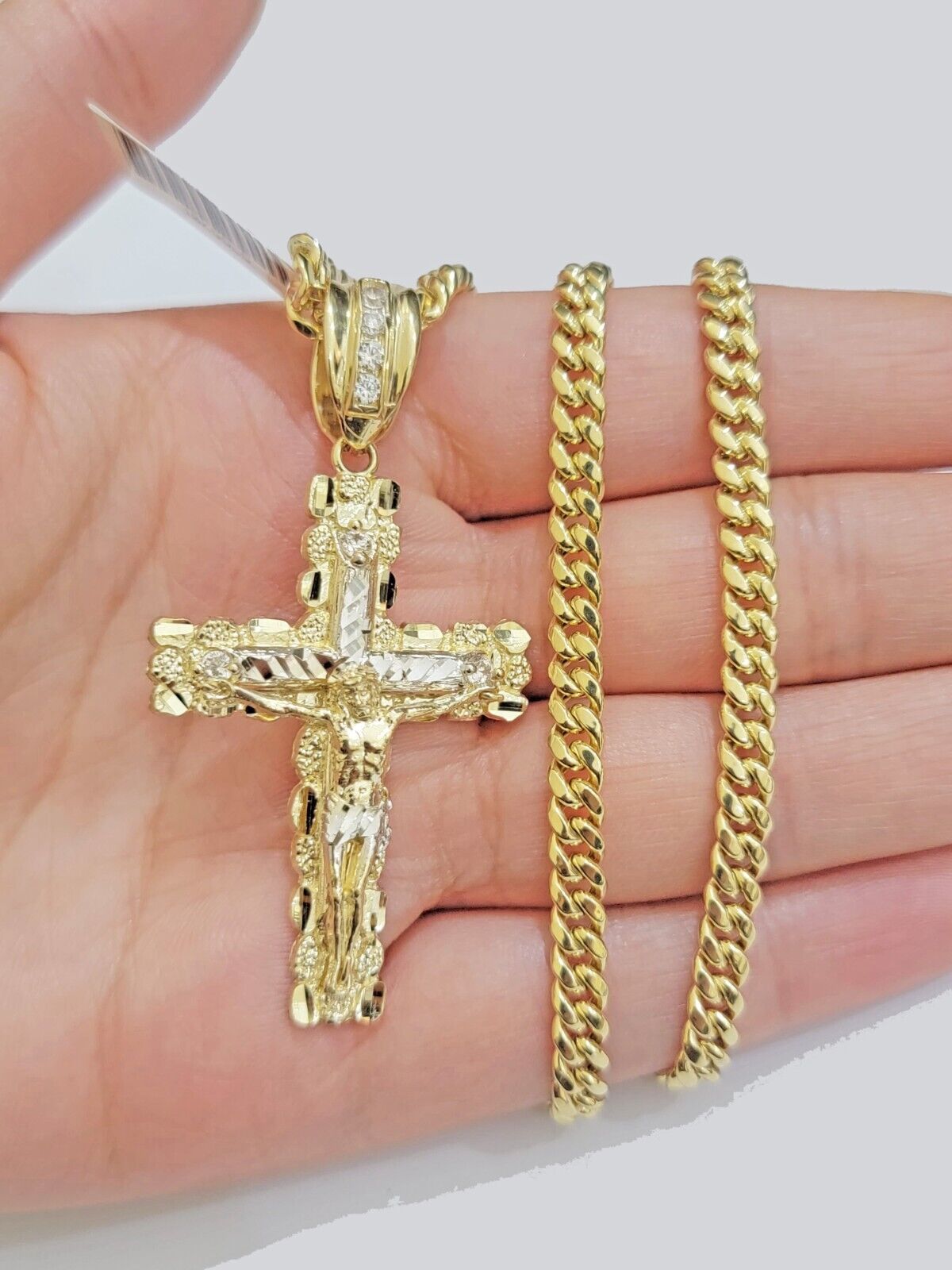Real 10k Gold Nugget Cross Charm pendant Cuban Link Chain Necklace 5mm 20" Set - GoldenlinQ