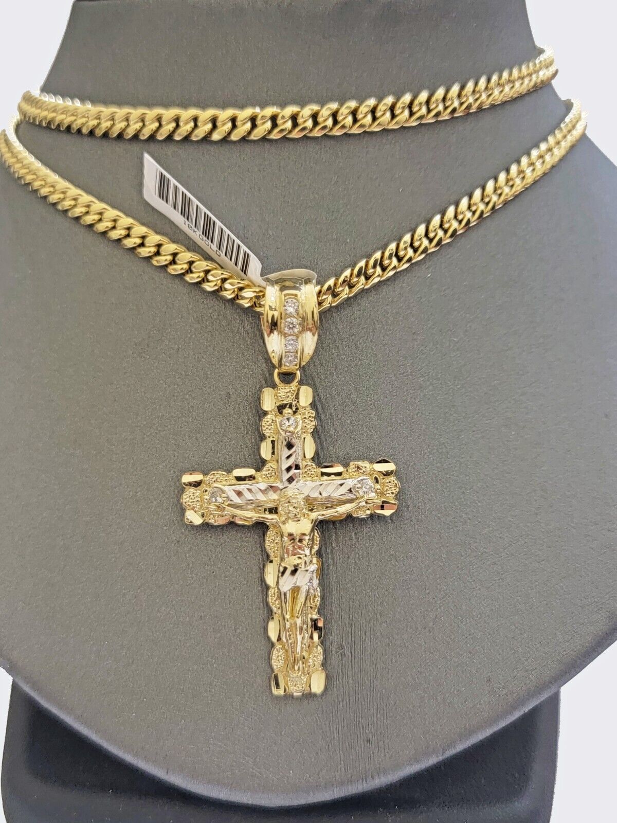 Real 10k Gold Nugget Cross & Cuban Link Chain 5mm 22" Necklace Charm pendant Set - GoldenlinQ