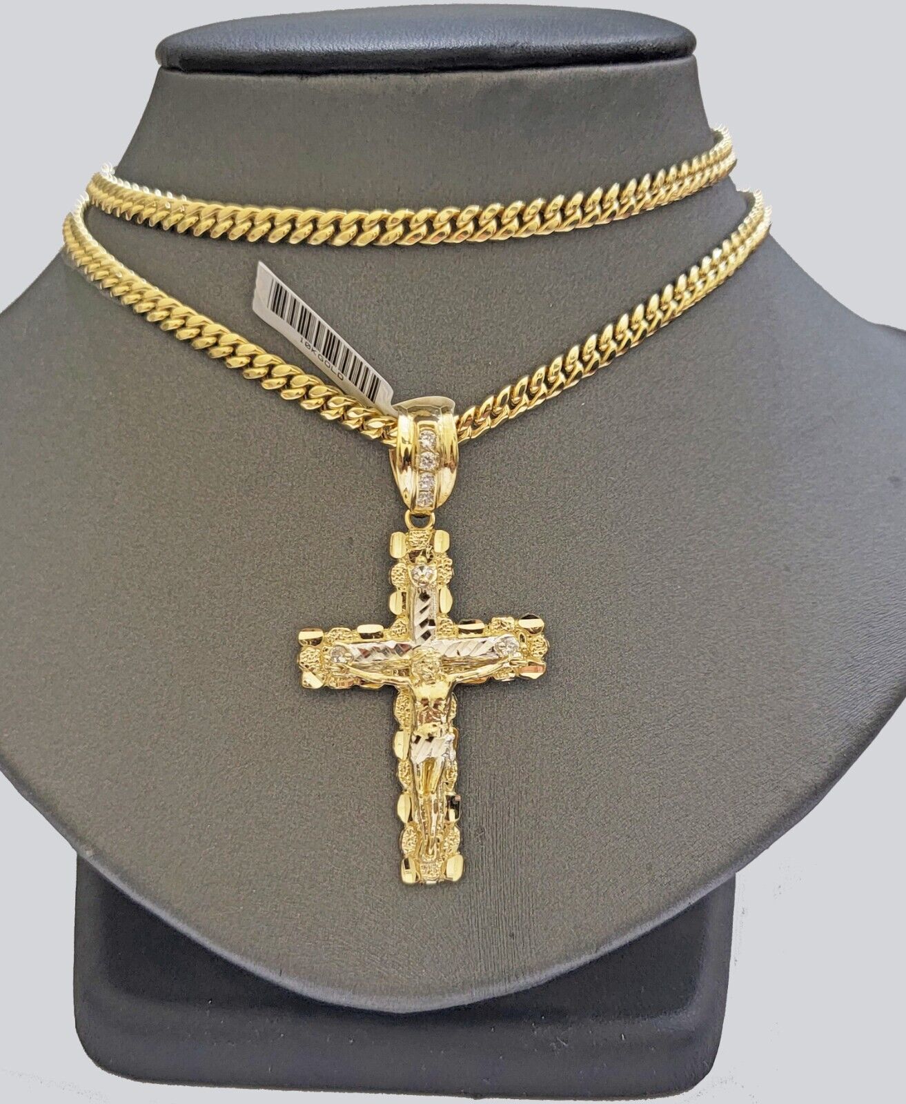 Real 10k Gold Nugget Cross & Cuban Link Chain 5mm 22" Necklace Charm pendant Set - GoldenlinQ