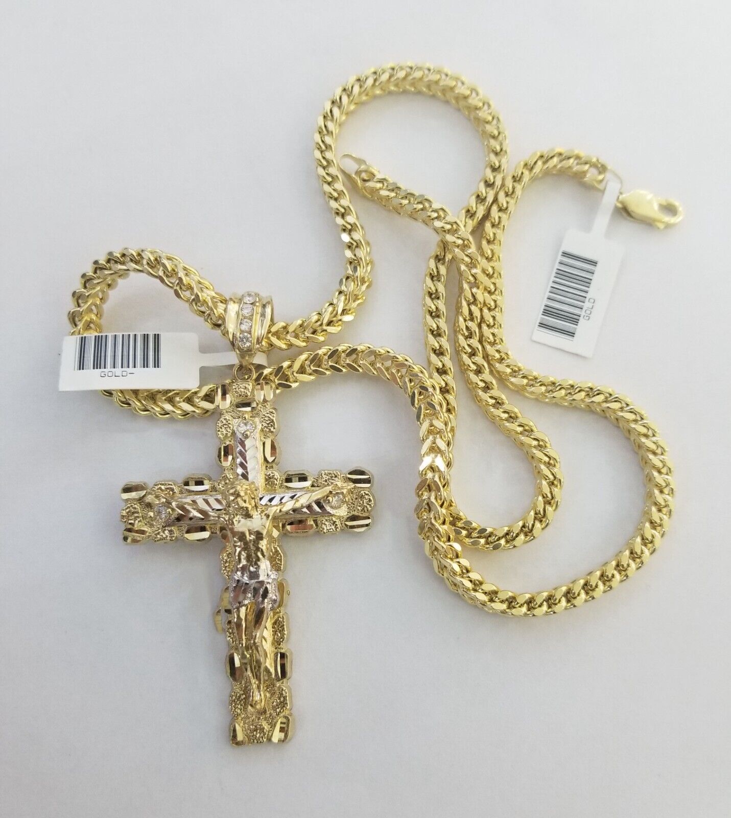 Real 10k Gold Nugget Cross Pendant Franco Necklace 4mm 24" Chain Charm SET 10kt - GoldenlinQ
