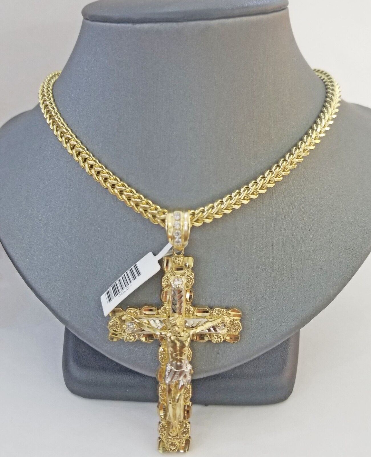 Real 10k Gold Nugget Cross Pendant Franco Necklace 4mm 24" Chain Charm SET 10kt - GoldenlinQ