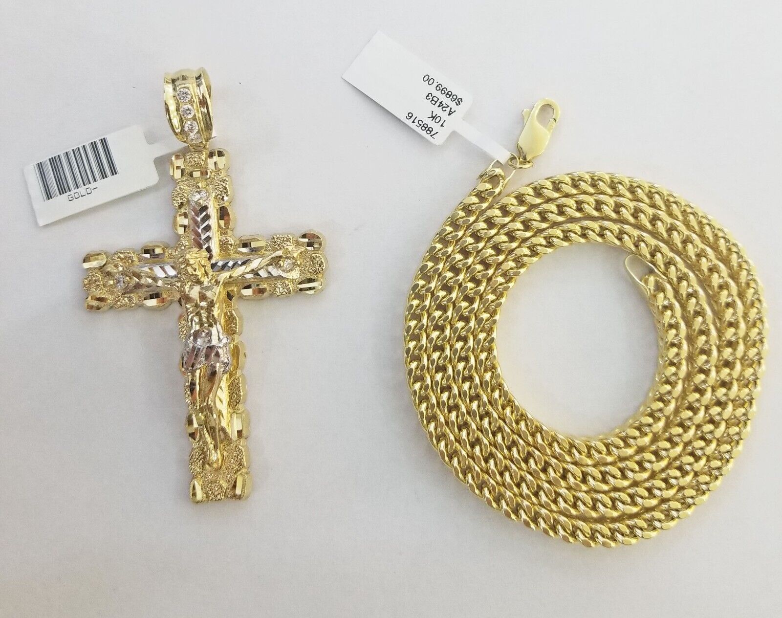 Real 10k Gold Nugget Cross Pendant Franco Necklace 4mm 24" Chain Charm SET 10kt - GoldenlinQ