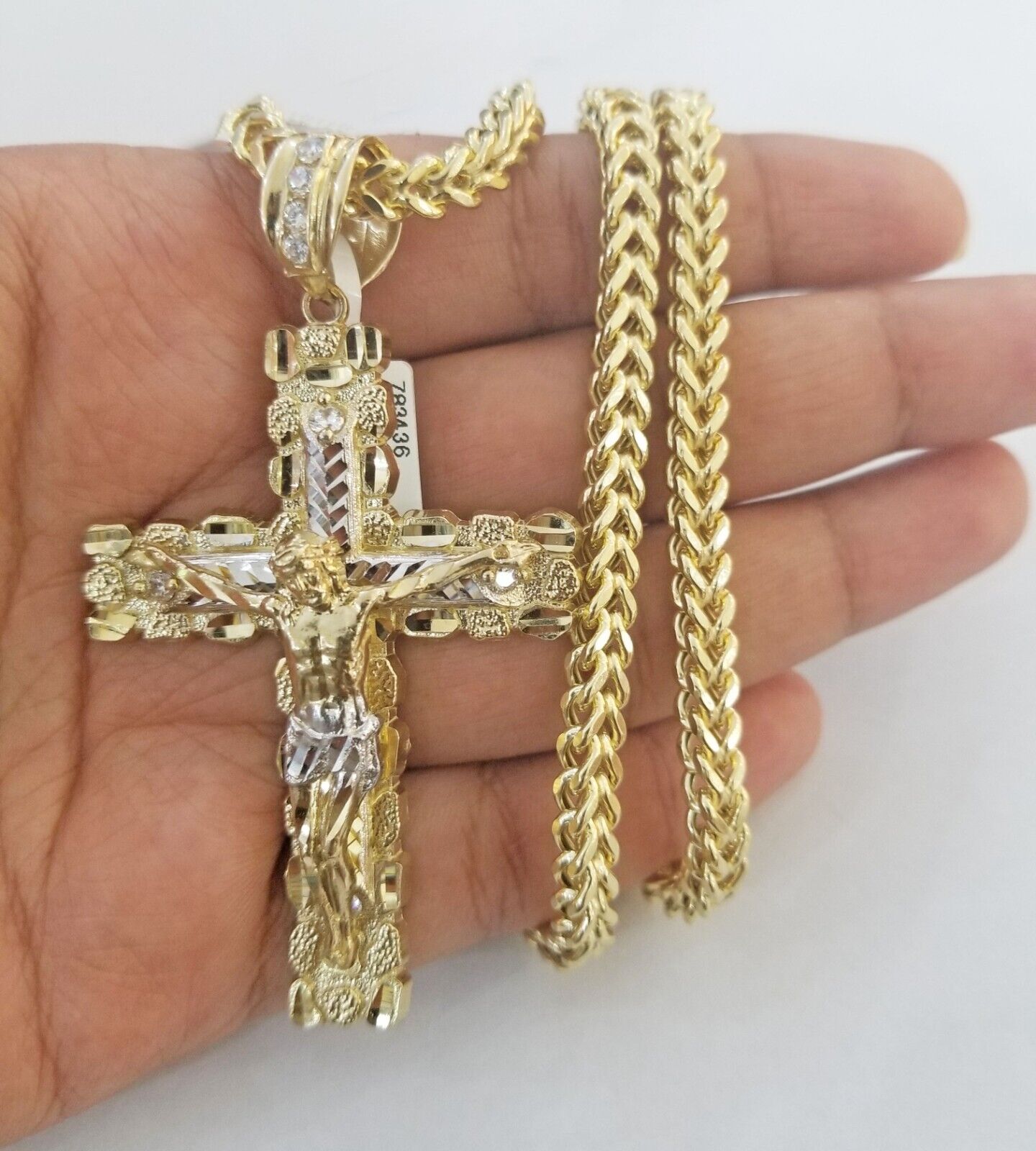 Real 10k Gold Nugget Cross Pendant Franco Necklace 4mm 24" Chain Charm SET 10kt - GoldenlinQ