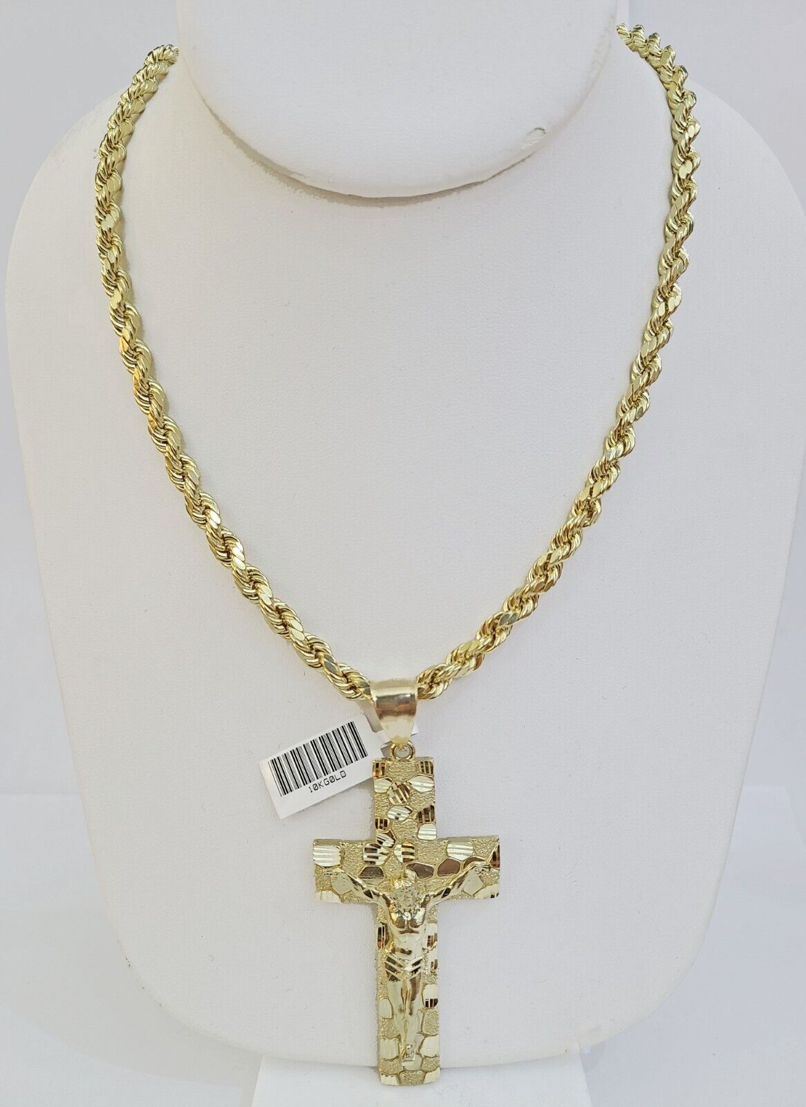 Real 10k Gold Nugget Cross Rope Necklace 6mm 24" Chain Charm SET 10kt - GoldenlinQ