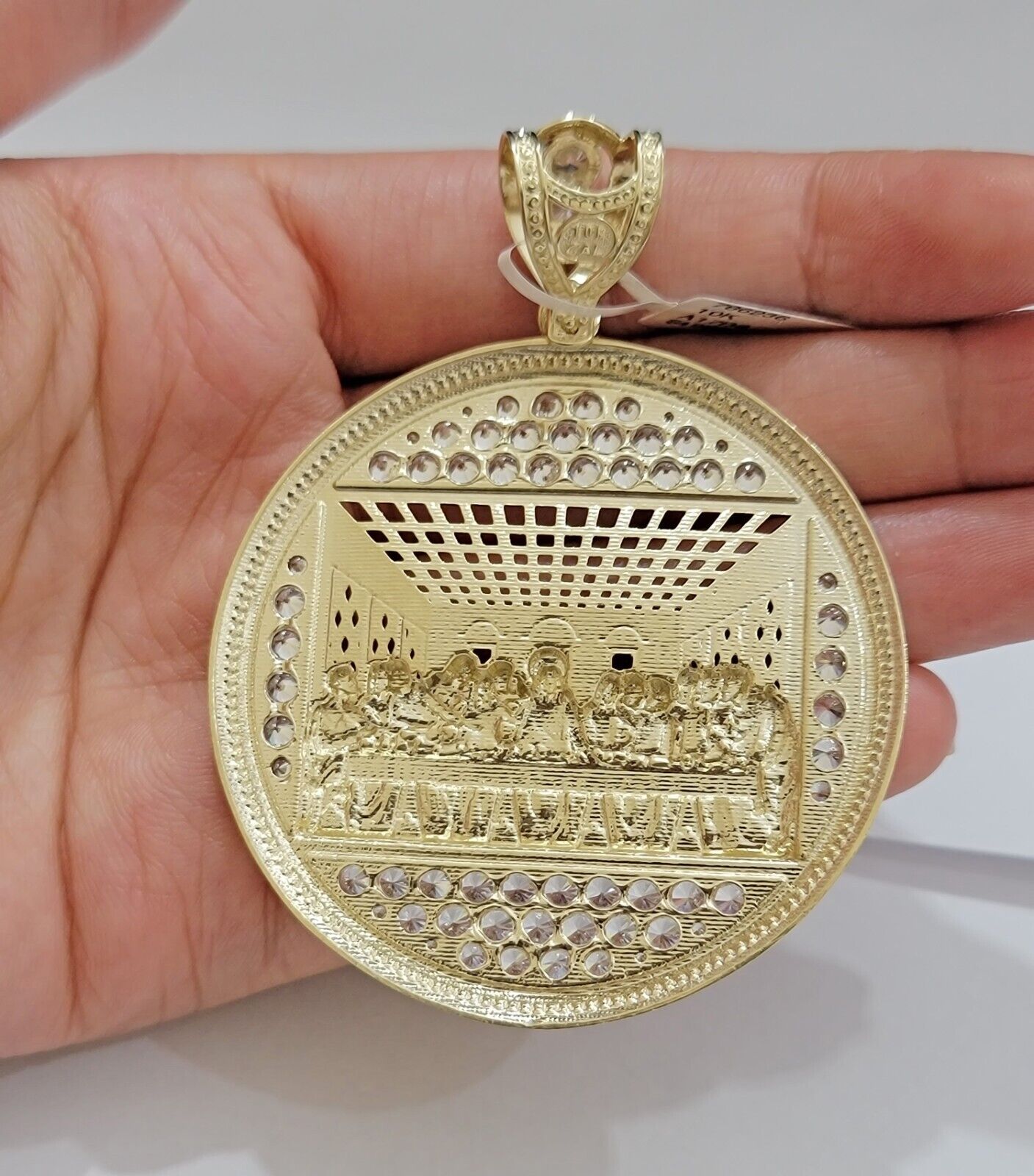 Real 10k Gold Pendant Charm Last Supper Jesus 10kt Yellow Gold With Stones , New - GoldenlinQ
