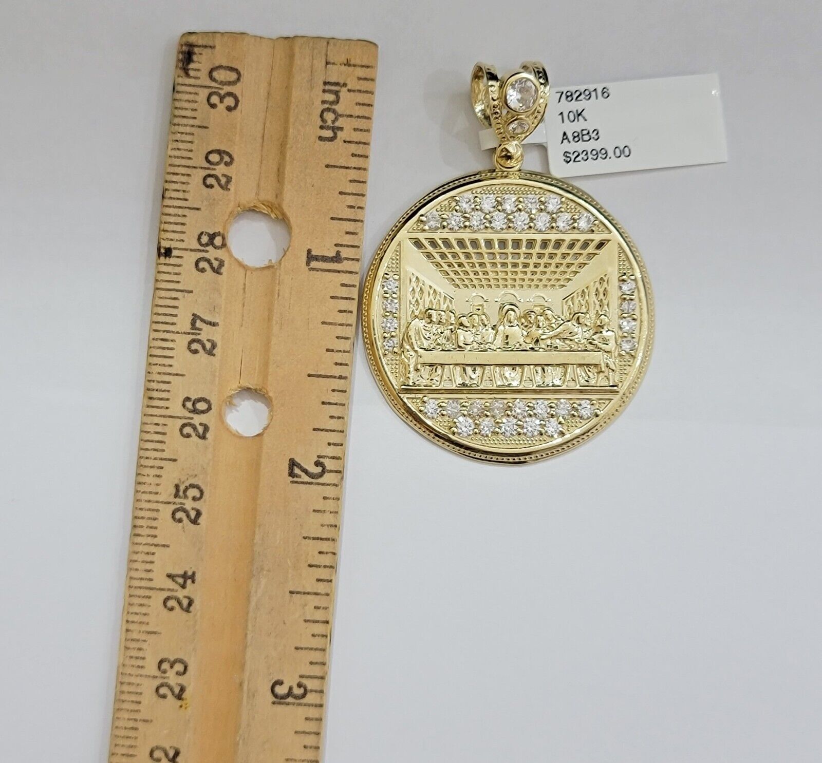 Real 10k Gold Pendant Charm Last Supper Jesus 10kt Yellow Gold With Stones , New - GoldenlinQ