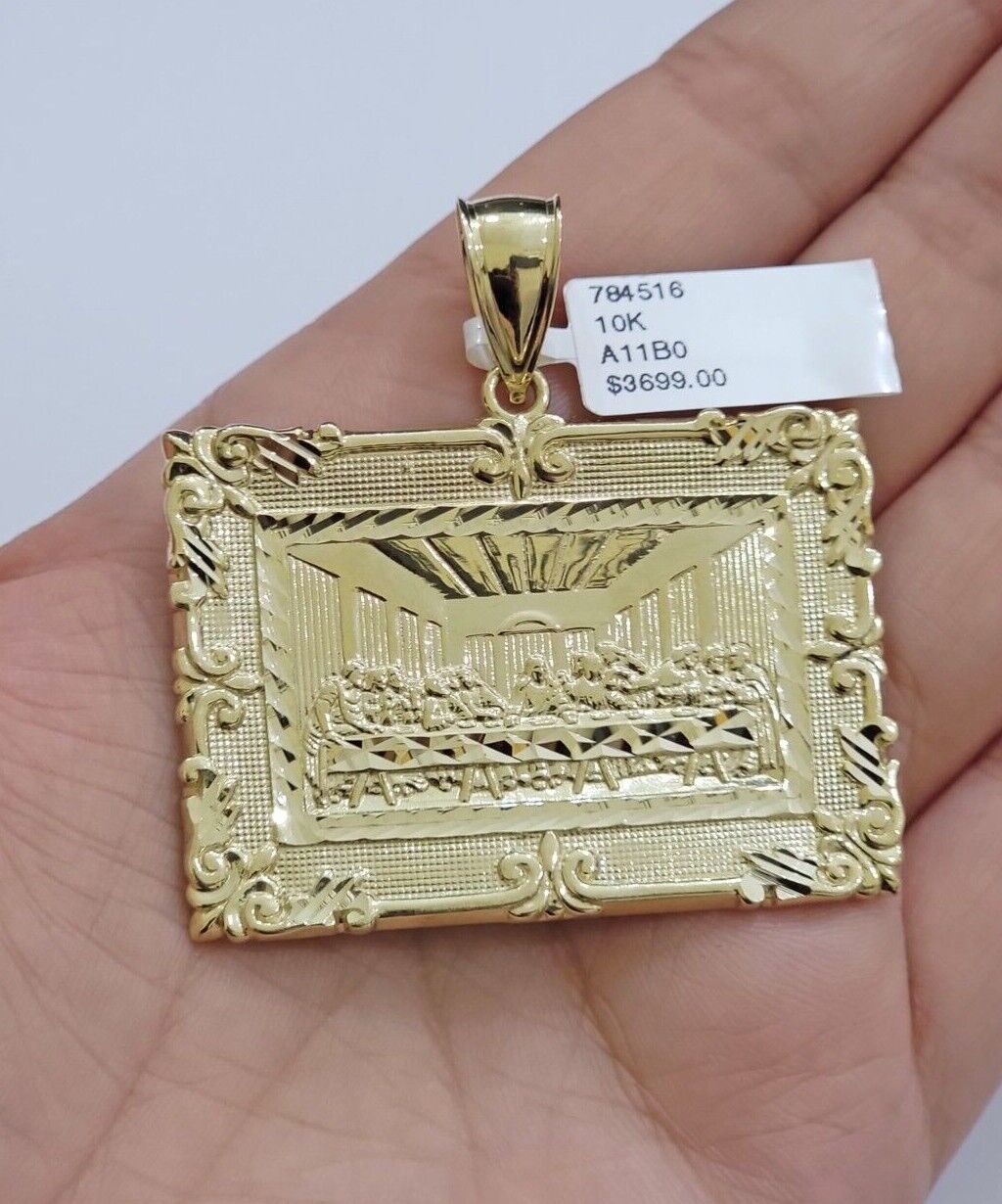Real 10k Gold Pendant Charm Last Supper Square Jesus 10kt Yellow 1.5 - 3 Inch SALE - GoldenlinQ