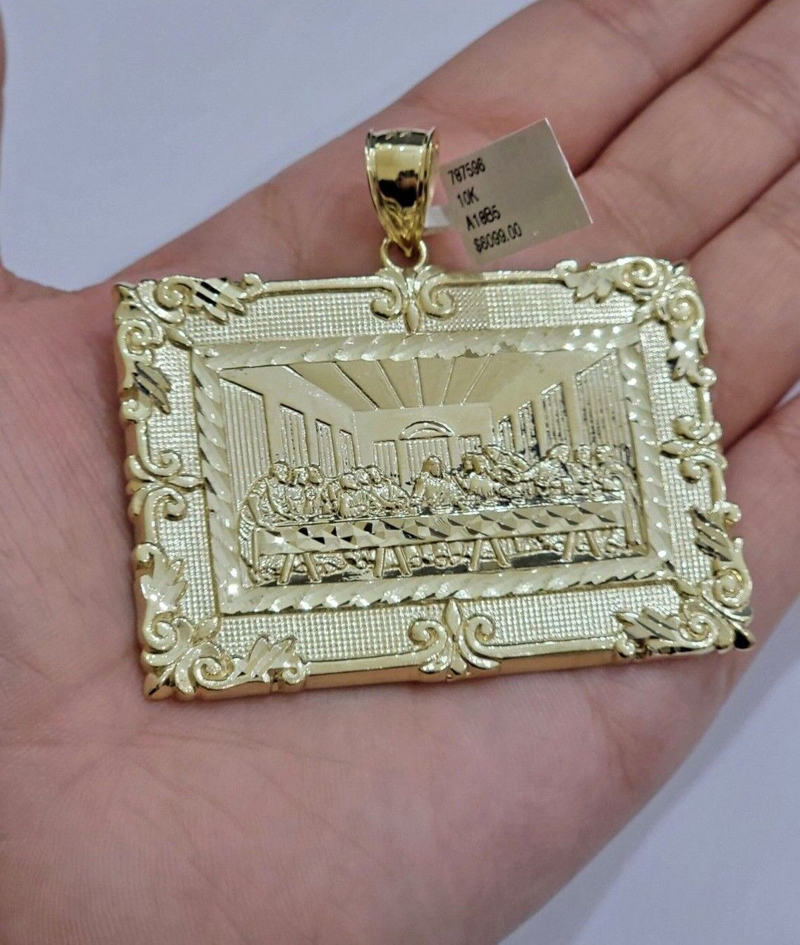 Real 10k Gold Pendant Charm Last Supper Square Jesus 10kt Yellow 1.5 - 3 Inch SALE - GoldenlinQ