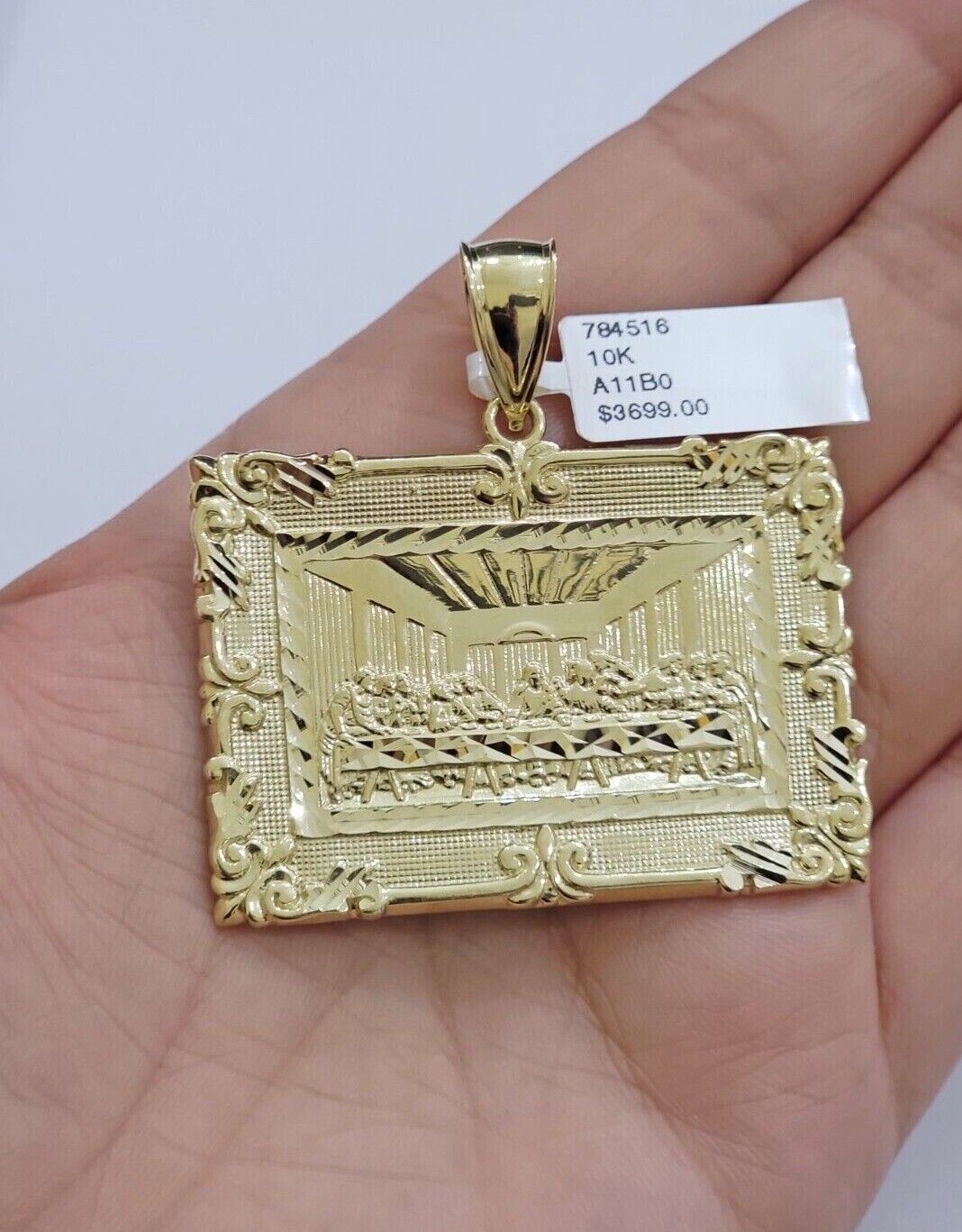 Real 10k Gold Pendant Charm Last Supper Square Jesus 10kt Yellow 1.5 - 3 Inch SALE - GoldenlinQ