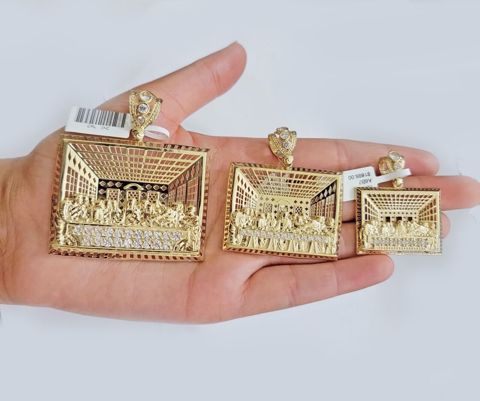 Real 10k Gold Pendant Charm Last Supper Square Jesus 10kt Yellow Gold With Stone - GoldenlinQ