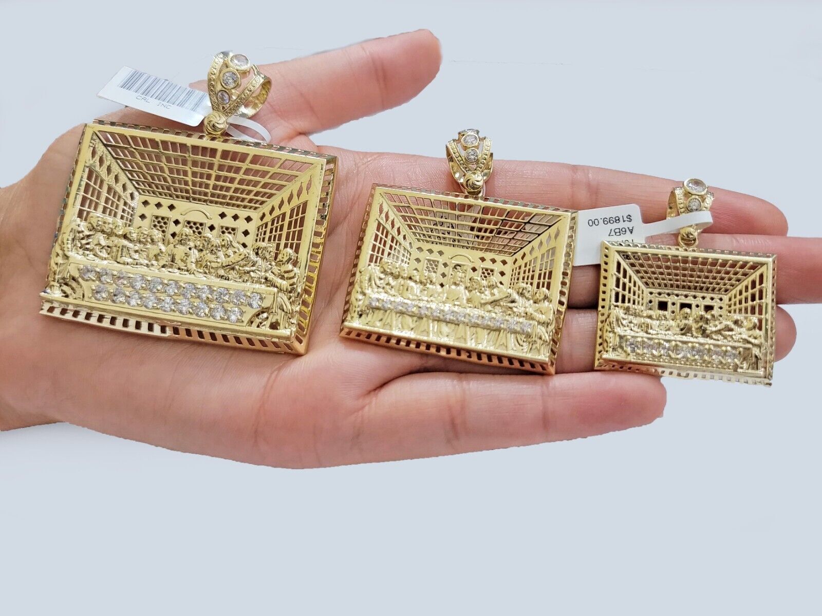 Real 10k Gold Pendant Charm Last Supper Square Jesus 10kt Yellow Gold With Stone - GoldenlinQ