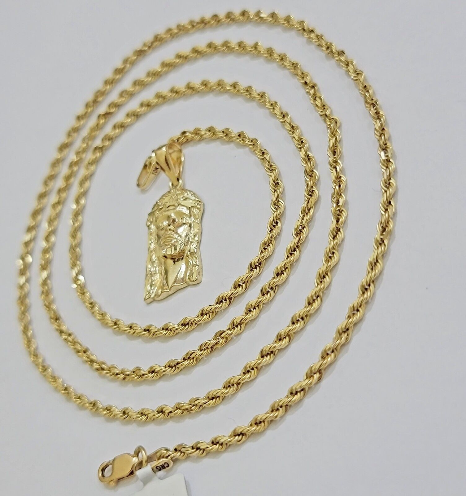 REAL 10k Gold Pendant & Solid Rope Chain Necklace 18" - 24 Inch Jesus Face Charm - GoldenlinQ