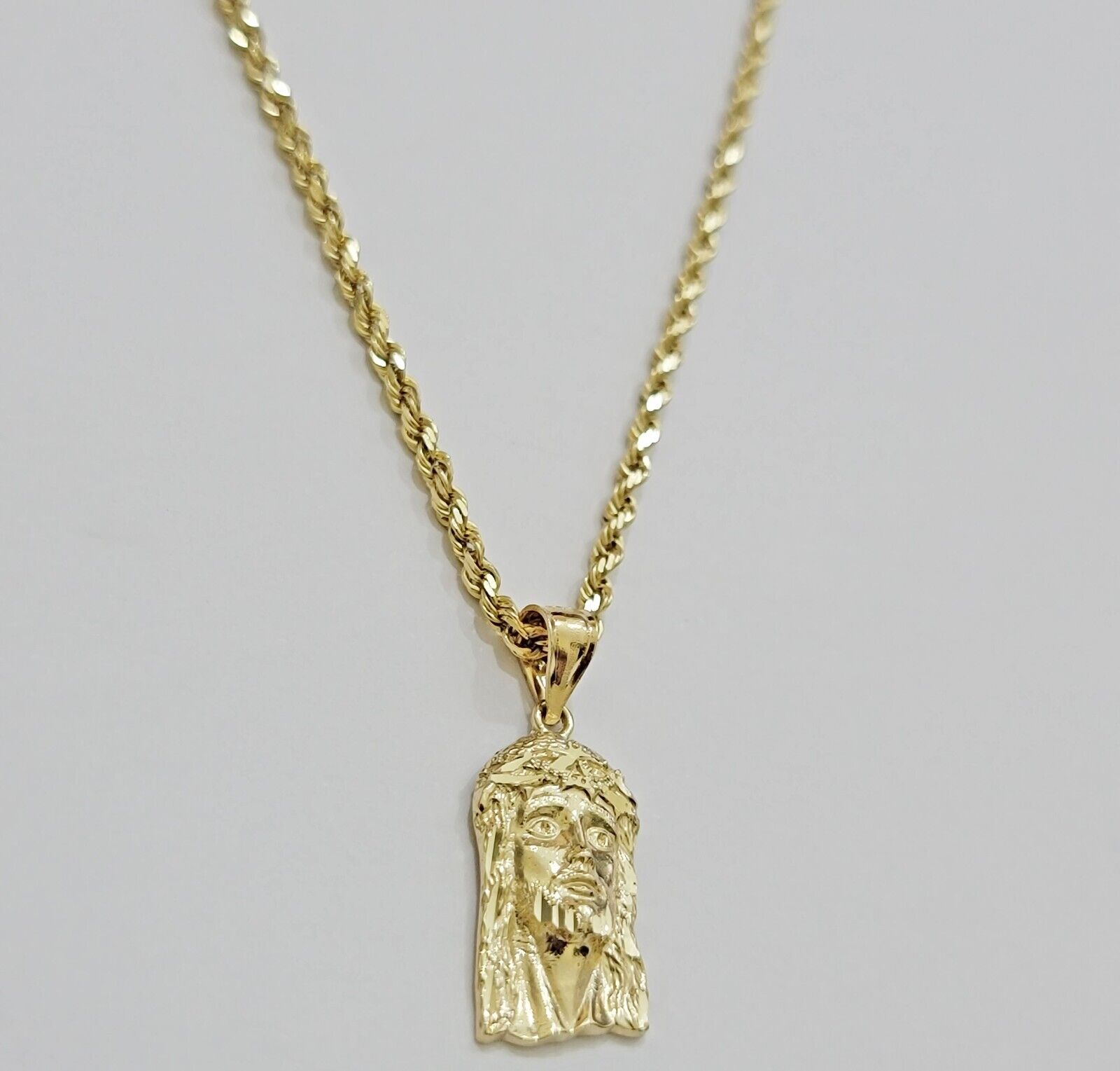 REAL 10k Gold Pendant & Solid Rope Chain Necklace 18" - 24 Inch Jesus Face Charm - GoldenlinQ