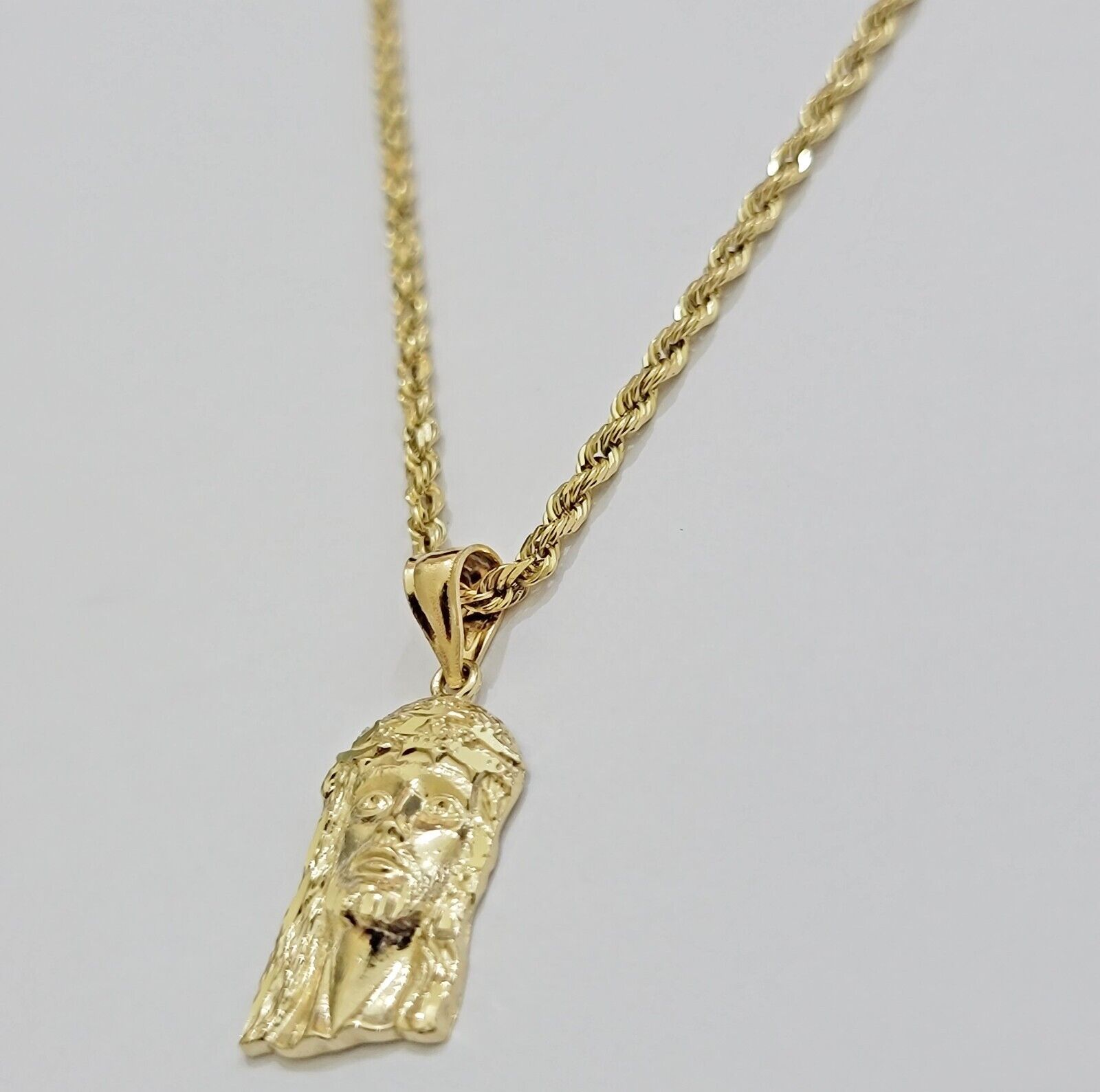 REAL 10k Gold Pendant & Solid Rope Chain Necklace 18" - 24 Inch Jesus Face Charm - GoldenlinQ