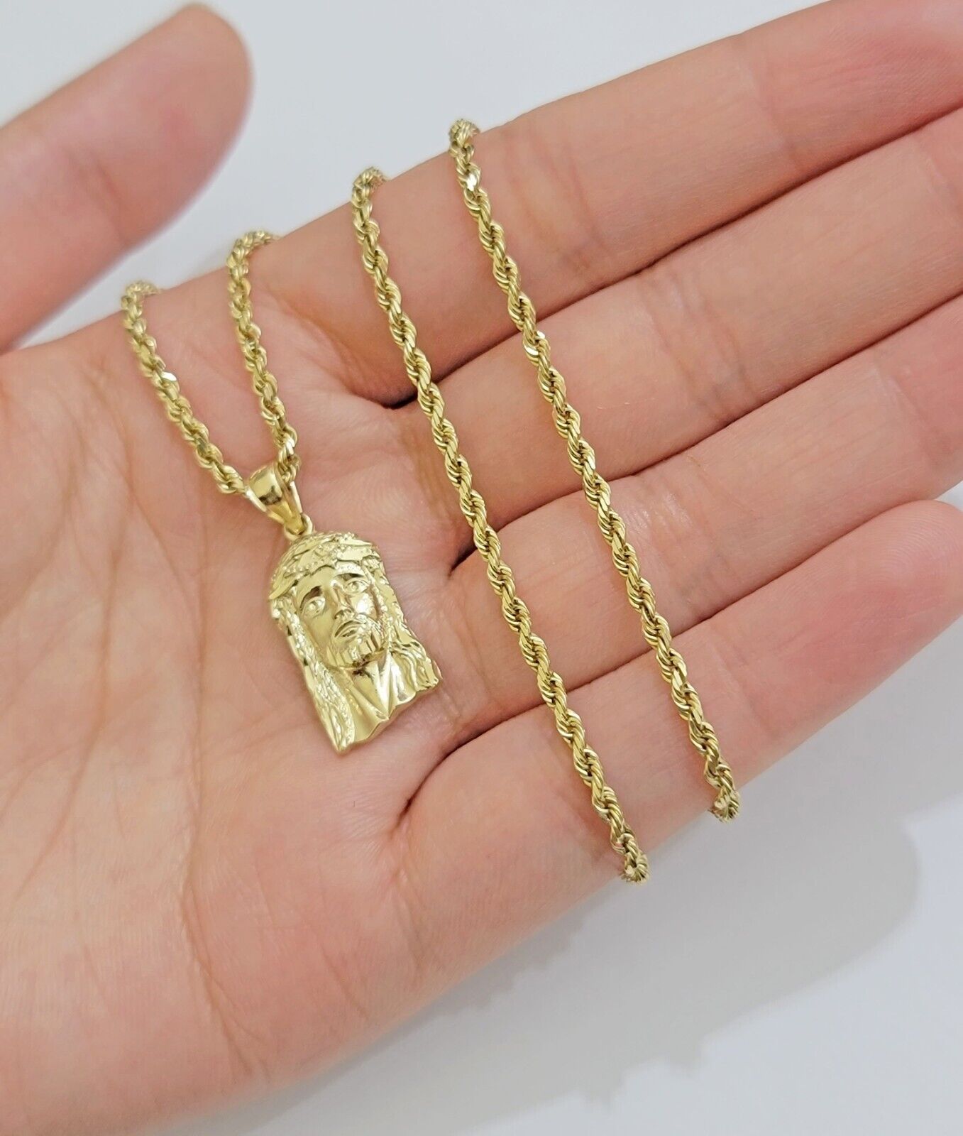 REAL 10k Gold Pendant & Solid Rope Chain Necklace 18" - 24 Inch Jesus Face Charm - GoldenlinQ