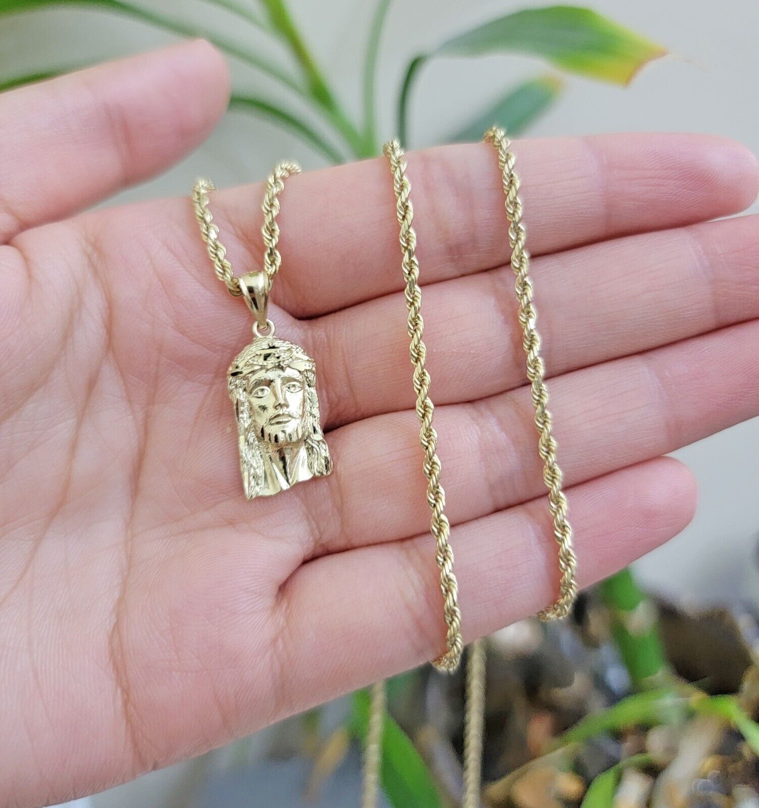 REAL 10k Gold Pendant & Solid Rope Chain Necklace 18" - 24 Inch Jesus Face Charm - GoldenlinQ