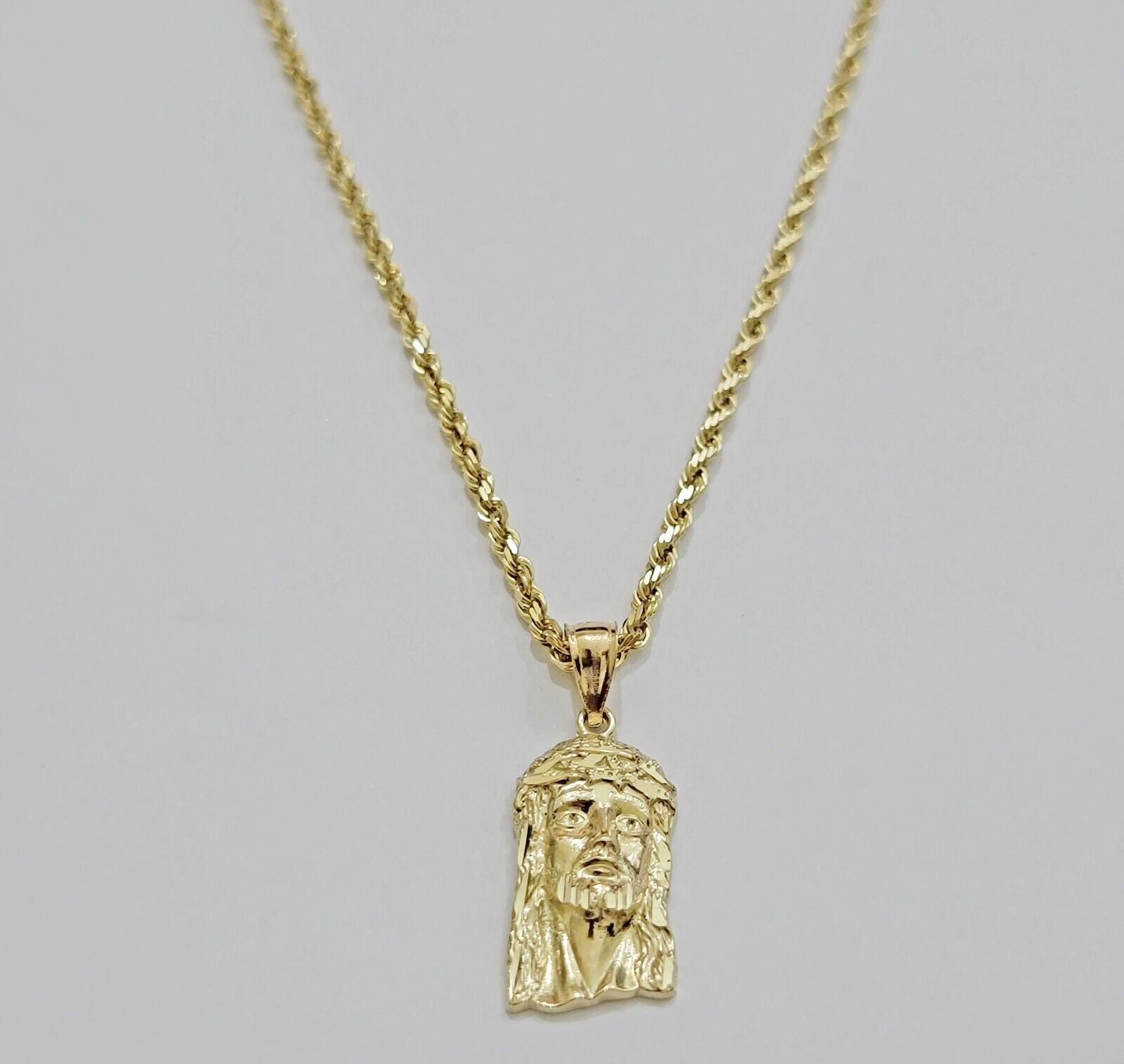 REAL 10k Gold Pendant & Solid Rope Chain Necklace 18" - 24 Inch Jesus Face Charm - GoldenlinQ