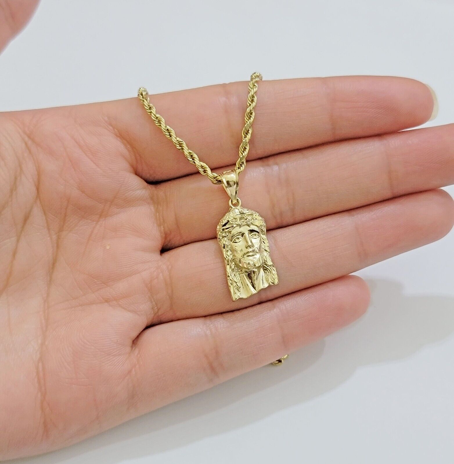 REAL 10k Gold Pendant & Solid Rope Chain Necklace 18" - 24 Inch Jesus Face Charm - GoldenlinQ