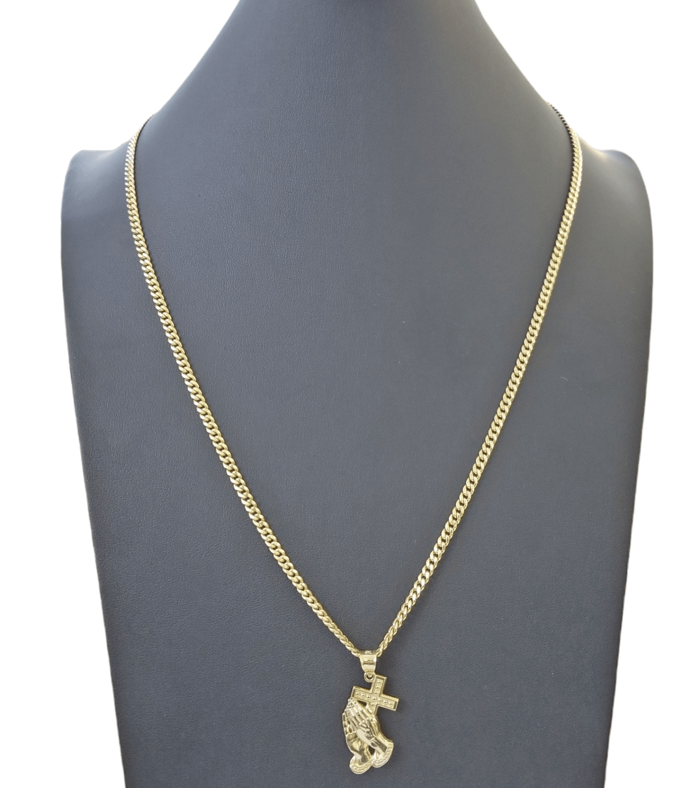 Real 10k Gold Praying Hand Cross Charm Pendent 4mm Cuban Chain 18" - 30" Inch - GoldenlinQ