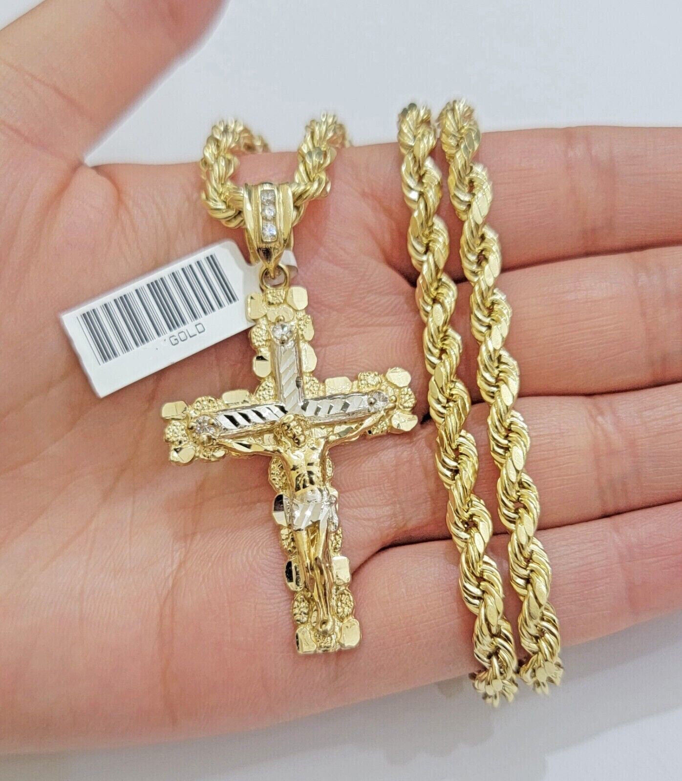 Real 10k Gold Rope Chain 22 inch Jesus Cross Charm Pendant Set 5mm Necklace Mens - GoldenlinQ
