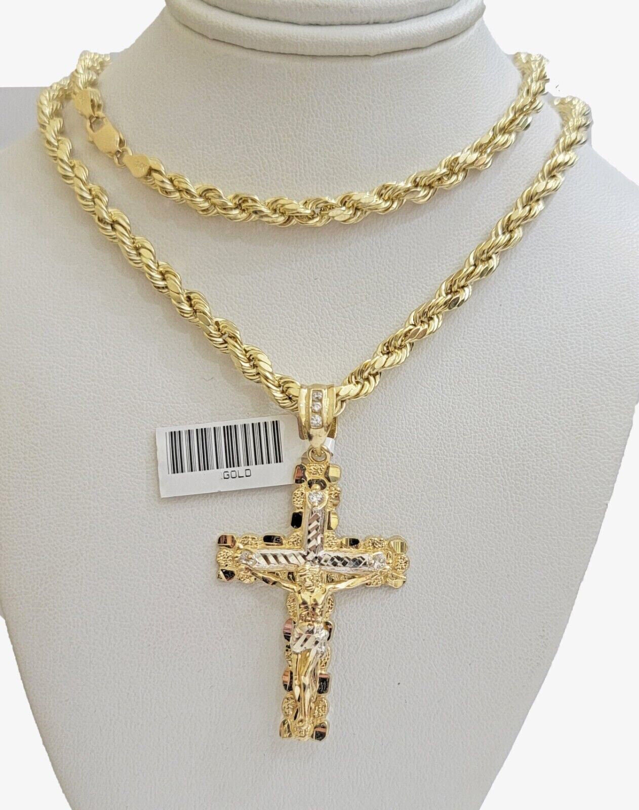Real 10k Gold Rope Chain 22 inch Jesus Cross Charm Pendant Set 5mm Necklace Mens - GoldenlinQ