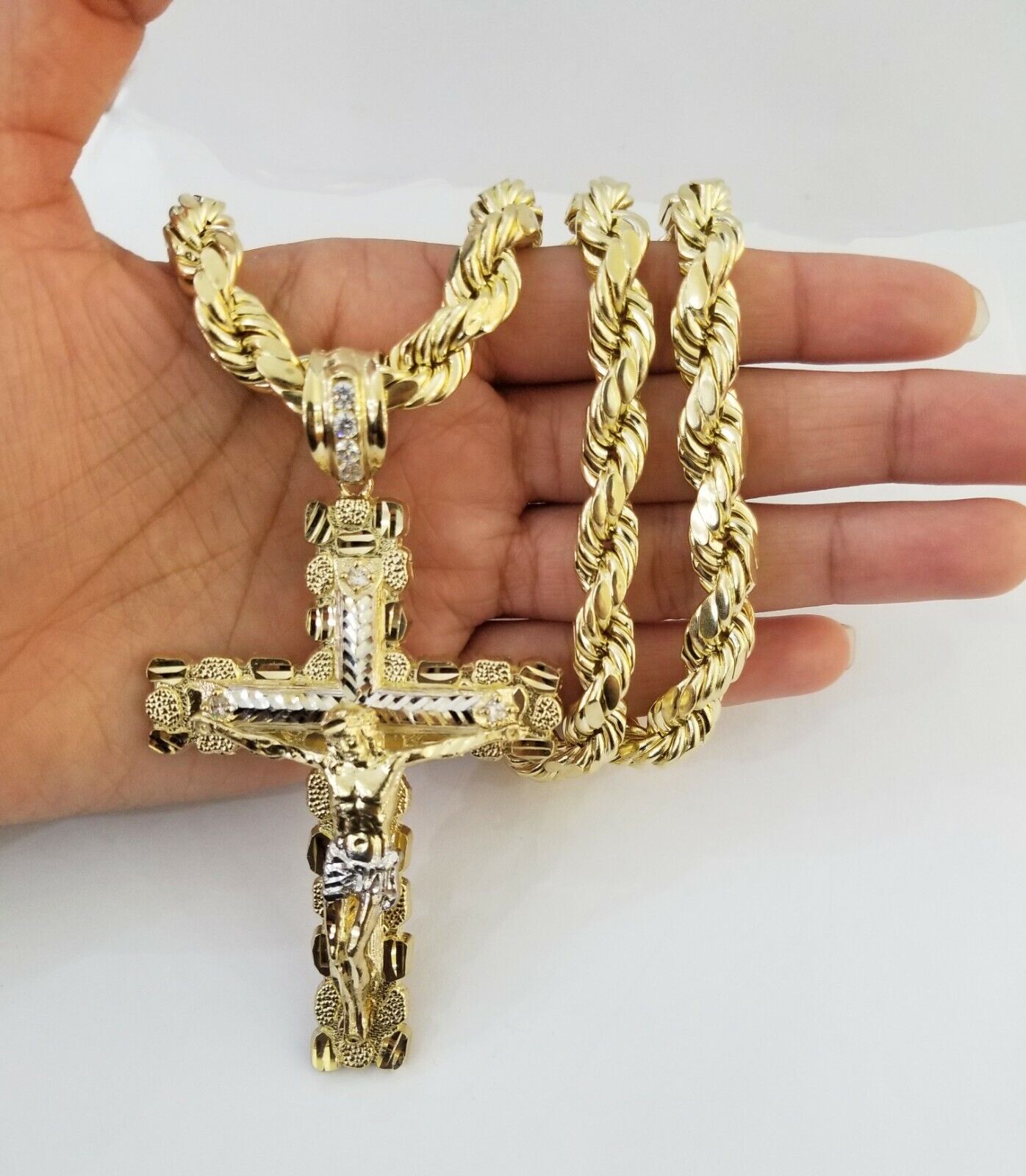 Real 10k Gold Rope Chain 26"Inch 10mm and nugget Cross Pendent 10kt yellow gold - GoldenlinQ