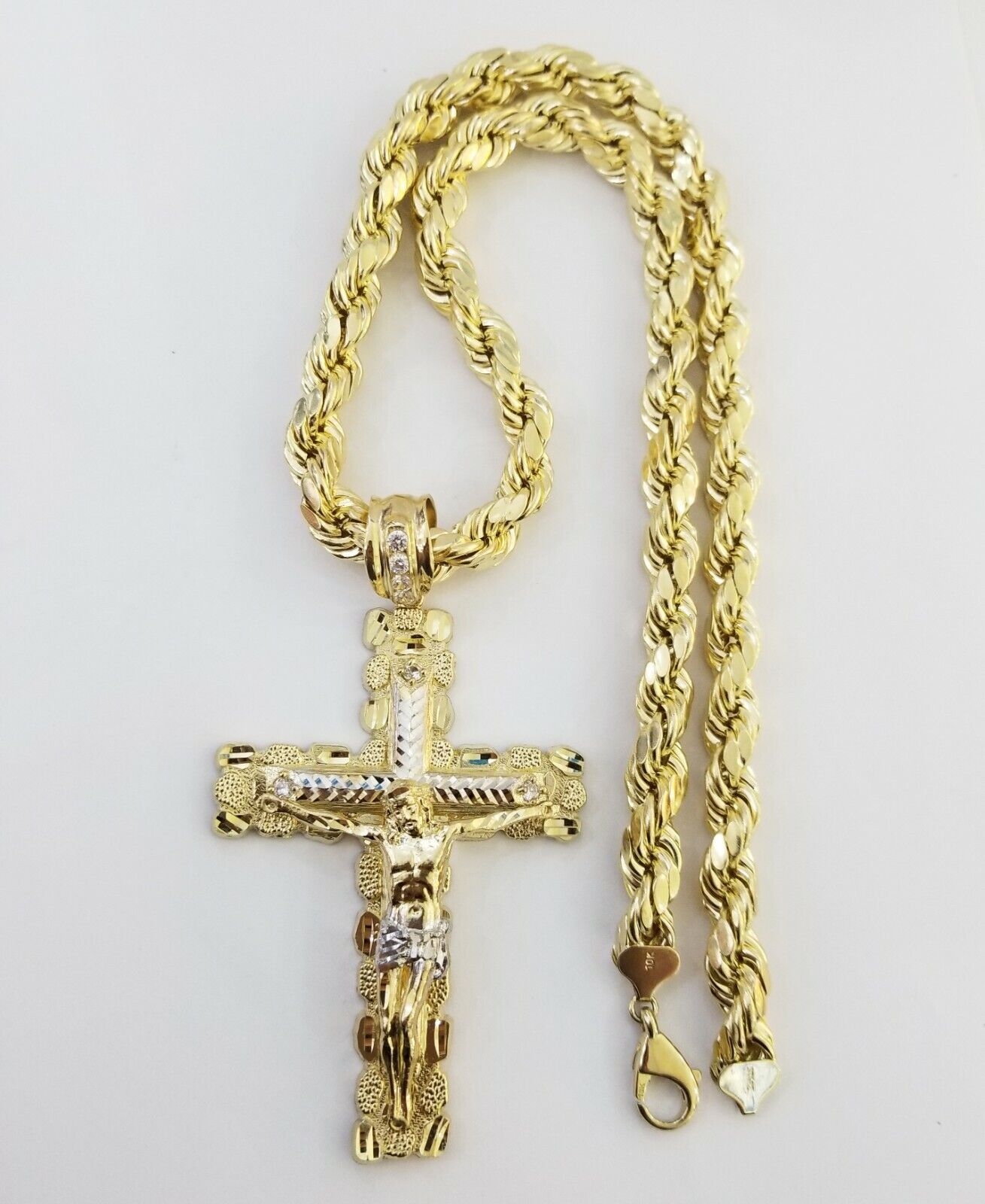 Real 10k Gold Rope Chain 26"Inch 10mm and nugget Cross Pendent 10kt yellow gold - GoldenlinQ