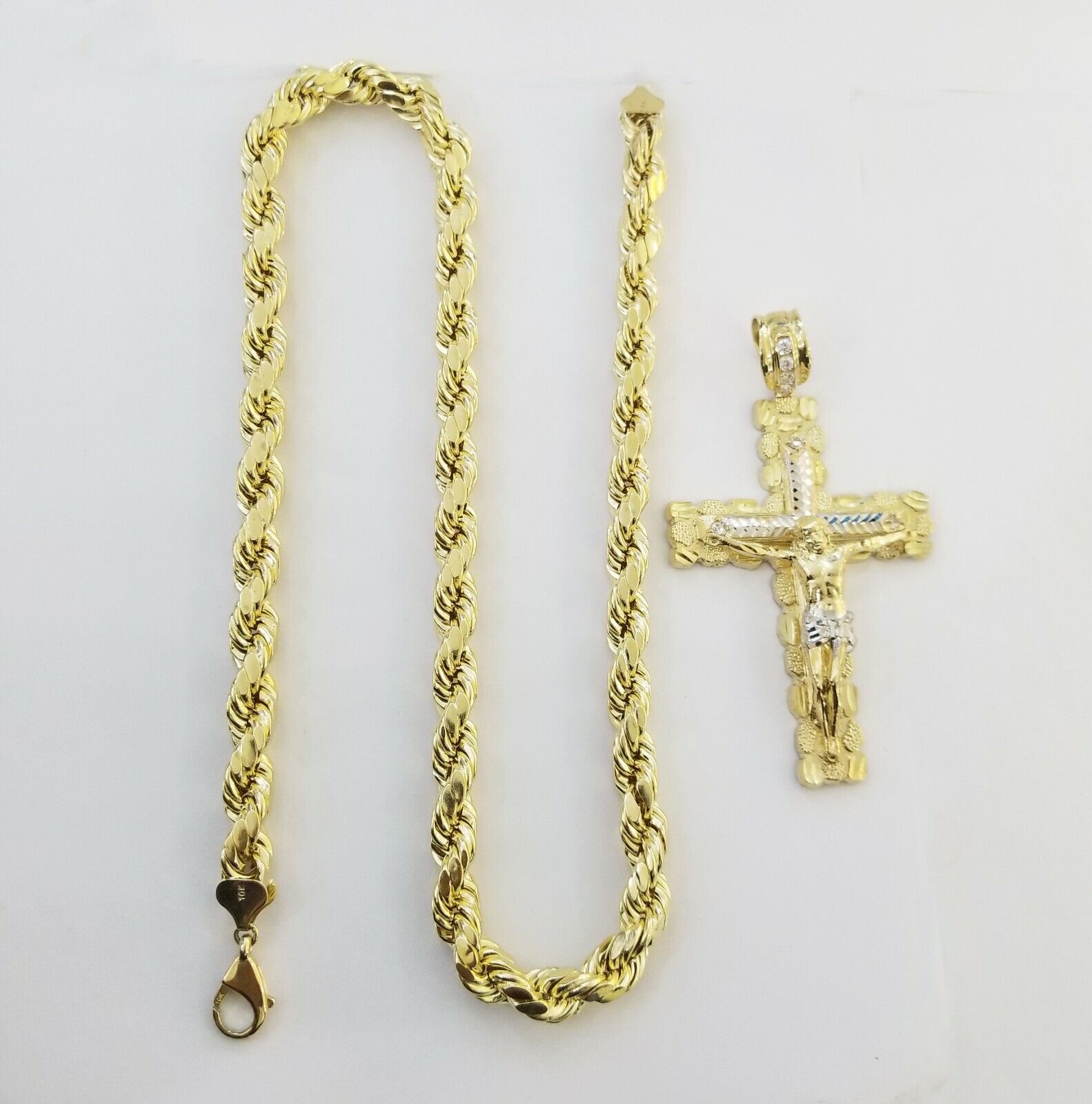 Real 10k Gold Rope Chain 26"Inch 10mm and nugget Cross Pendent 10kt yellow gold - GoldenlinQ