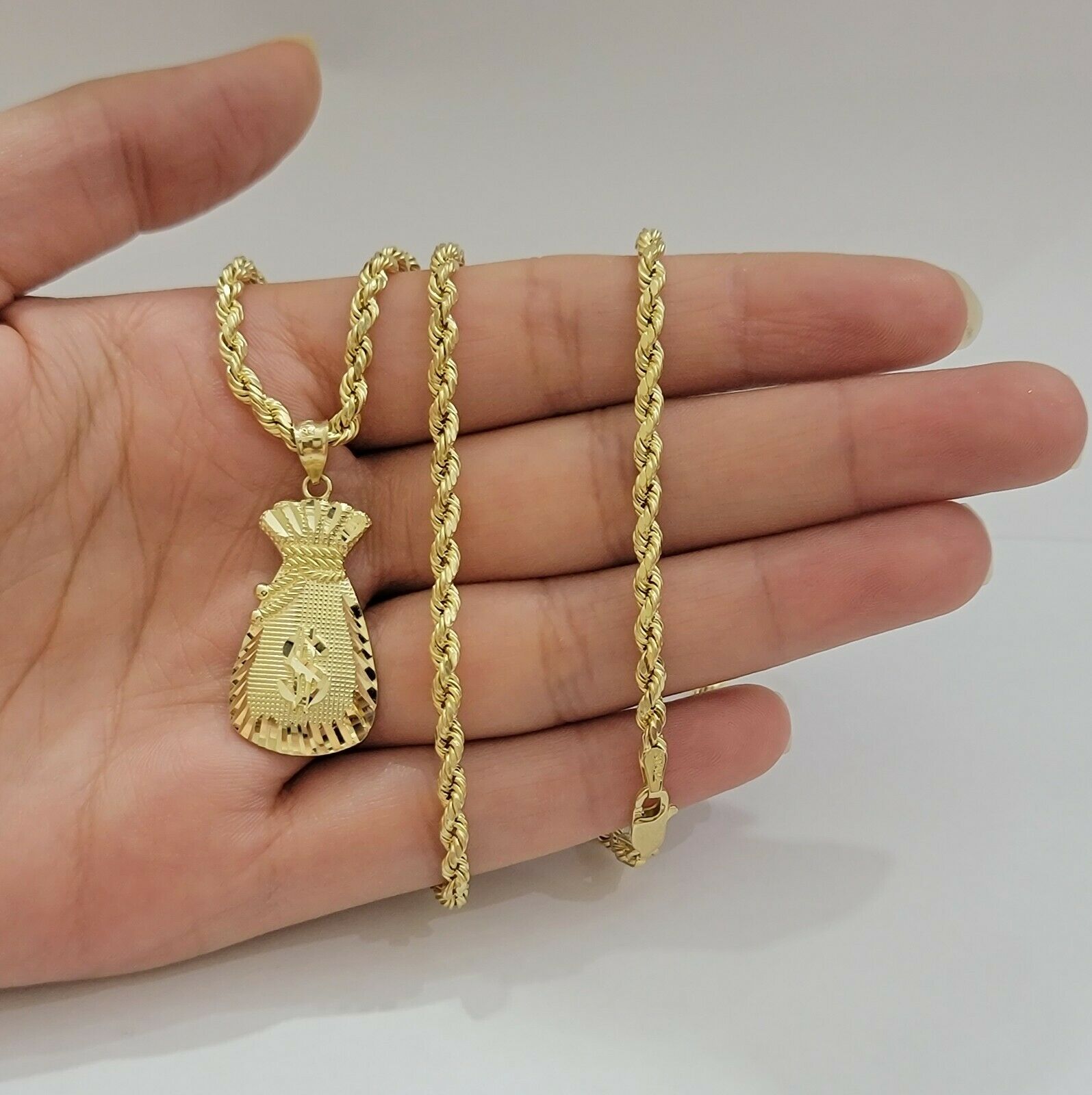 REAL 10k Gold Rope Chain Charm Pendant SET 3mm Necklace 18 - 28" Money Dollar Bag - GoldenlinQ