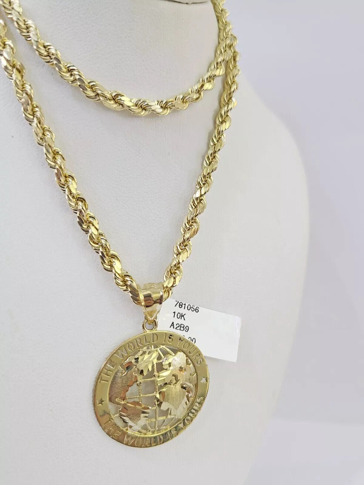 Real 10k Gold Rope Chain Charm World Map Pendant SET 4mm 18 - 28 inch Necklace - GoldenlinQ