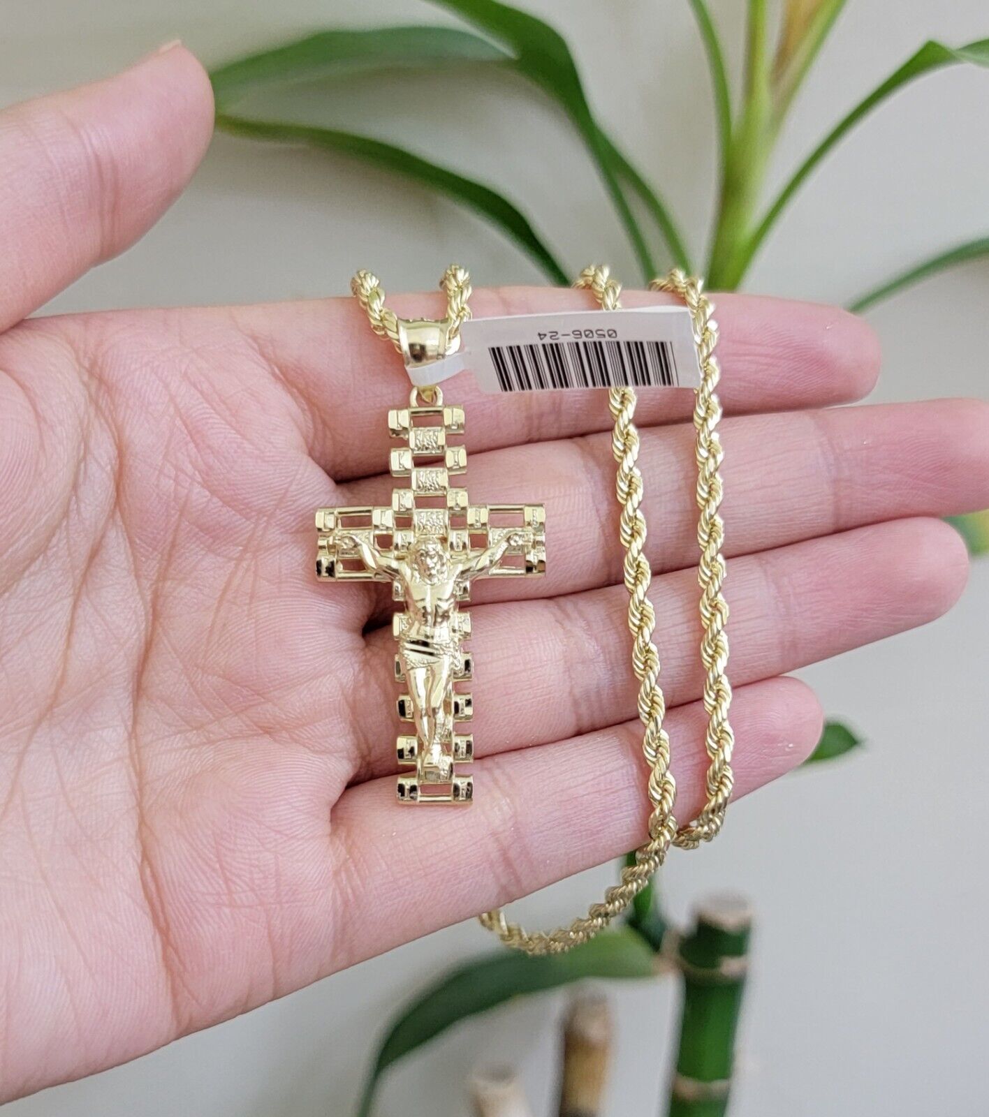 Real 10k Gold Rope Chain Cross Charm Pendant SET 3mm 20" Necklace Jesus Crucifix - GoldenlinQ