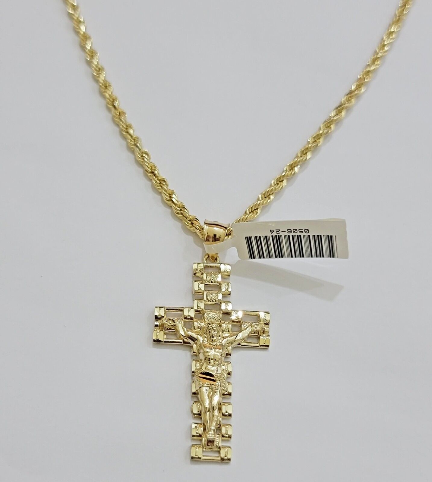 Real 10k Gold Rope Chain Cross Charm Pendant SET 3mm 20" Necklace Jesus Crucifix - GoldenlinQ