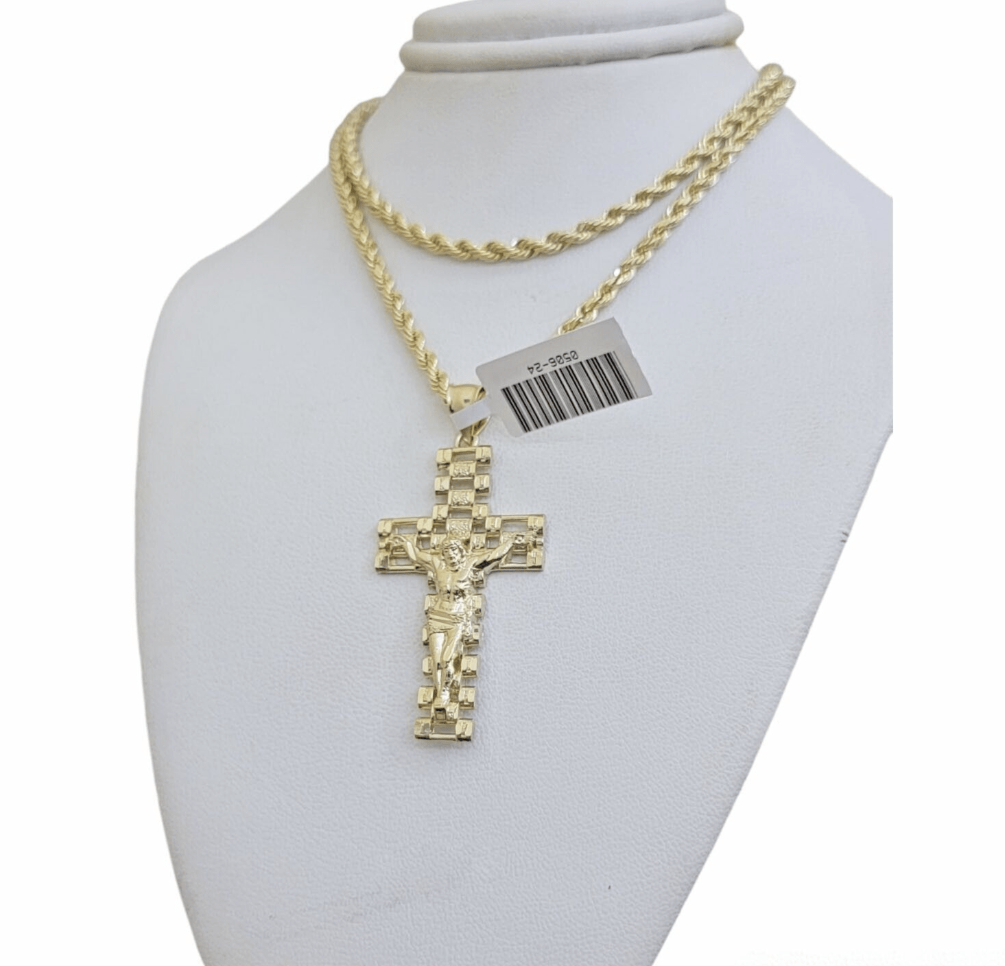 Real 10k Gold Rope Chain Cross Charm Pendant SET 3mm 20" Necklace Jesus Crucifix - GoldenlinQ