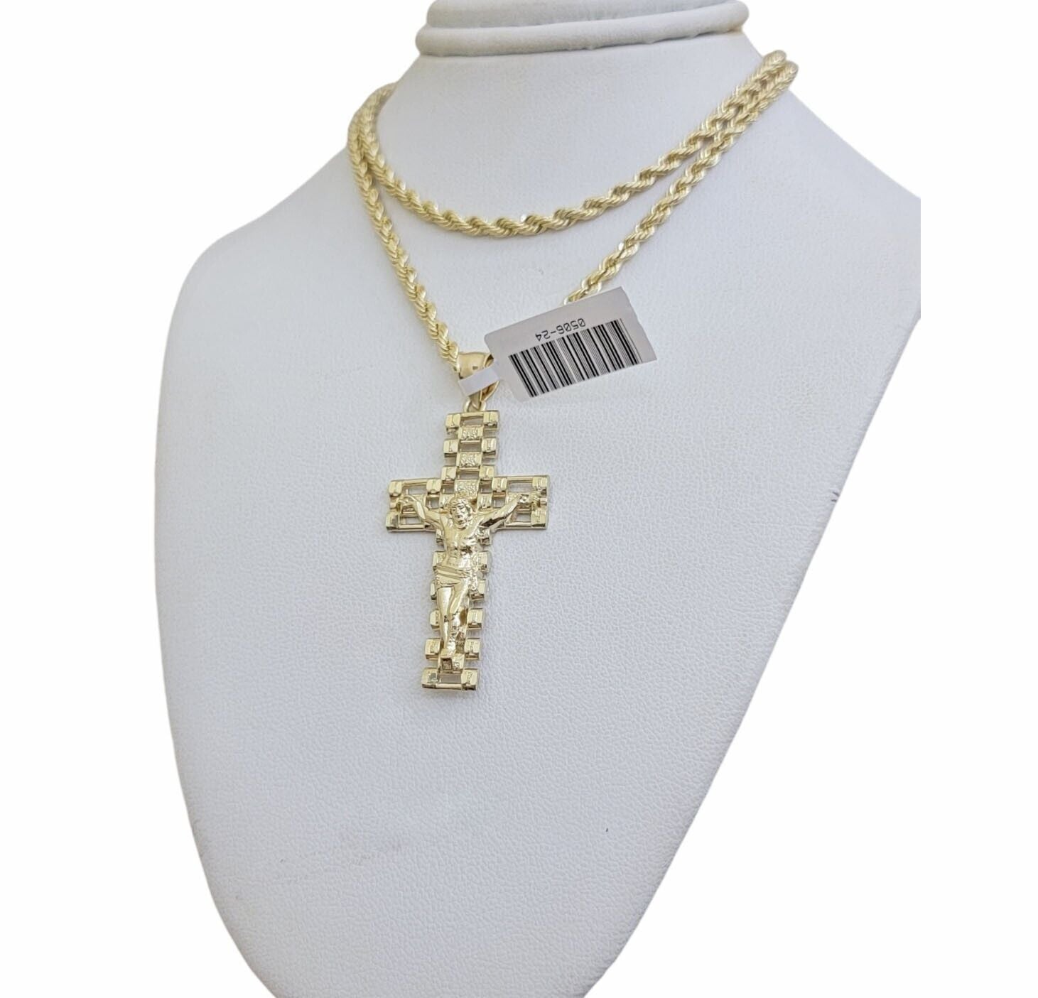 Real 10k Gold Rope Chain Cross Charm Pendant SET 3mm 20" Necklace Jesus Crucifix - GoldenlinQ