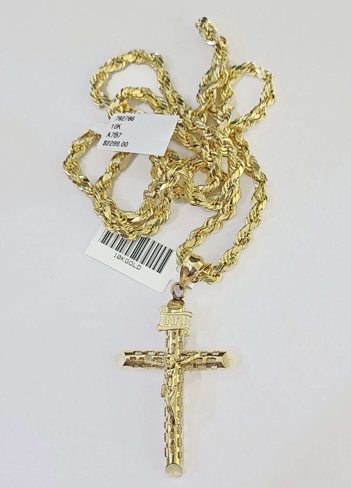 Real 10k Gold Rope Chain Cross Charm Pendent SET 4mm 26 Inch 4mm Necklace Men's - GoldenlinQ