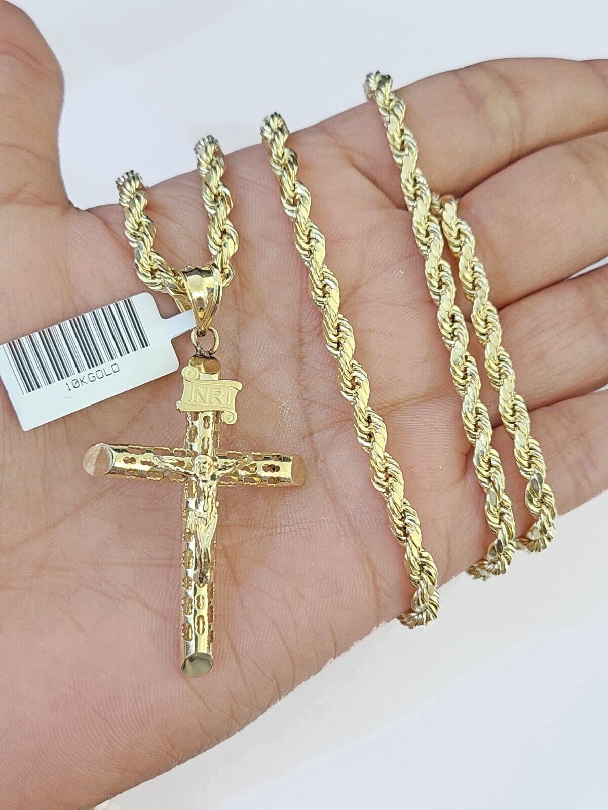 Real 10k Gold Rope Chain Cross Charm Pendent SET 4mm 26 Inch 4mm Necklace Men's - GoldenlinQ