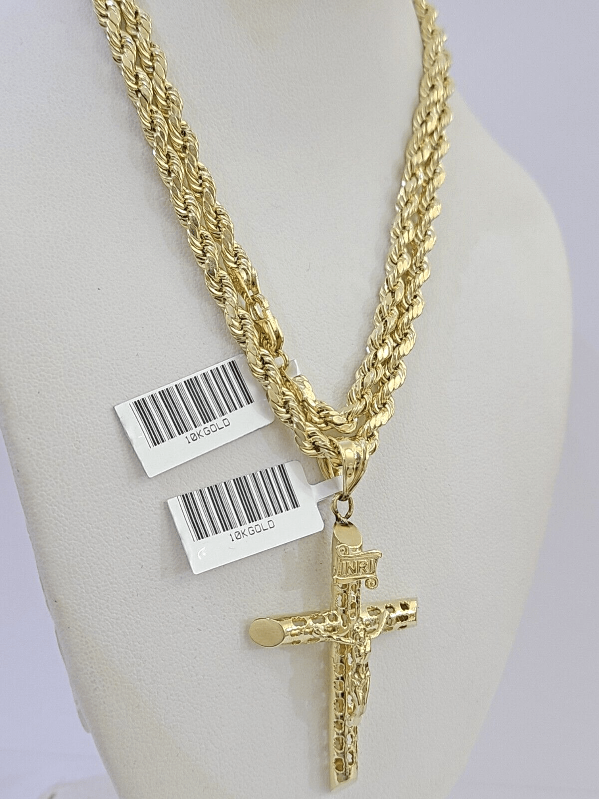 Real 10k Gold Rope Chain Cross Charm Pendent SET 4mm 26 Inch 4mm Necklace Men's - GoldenlinQ