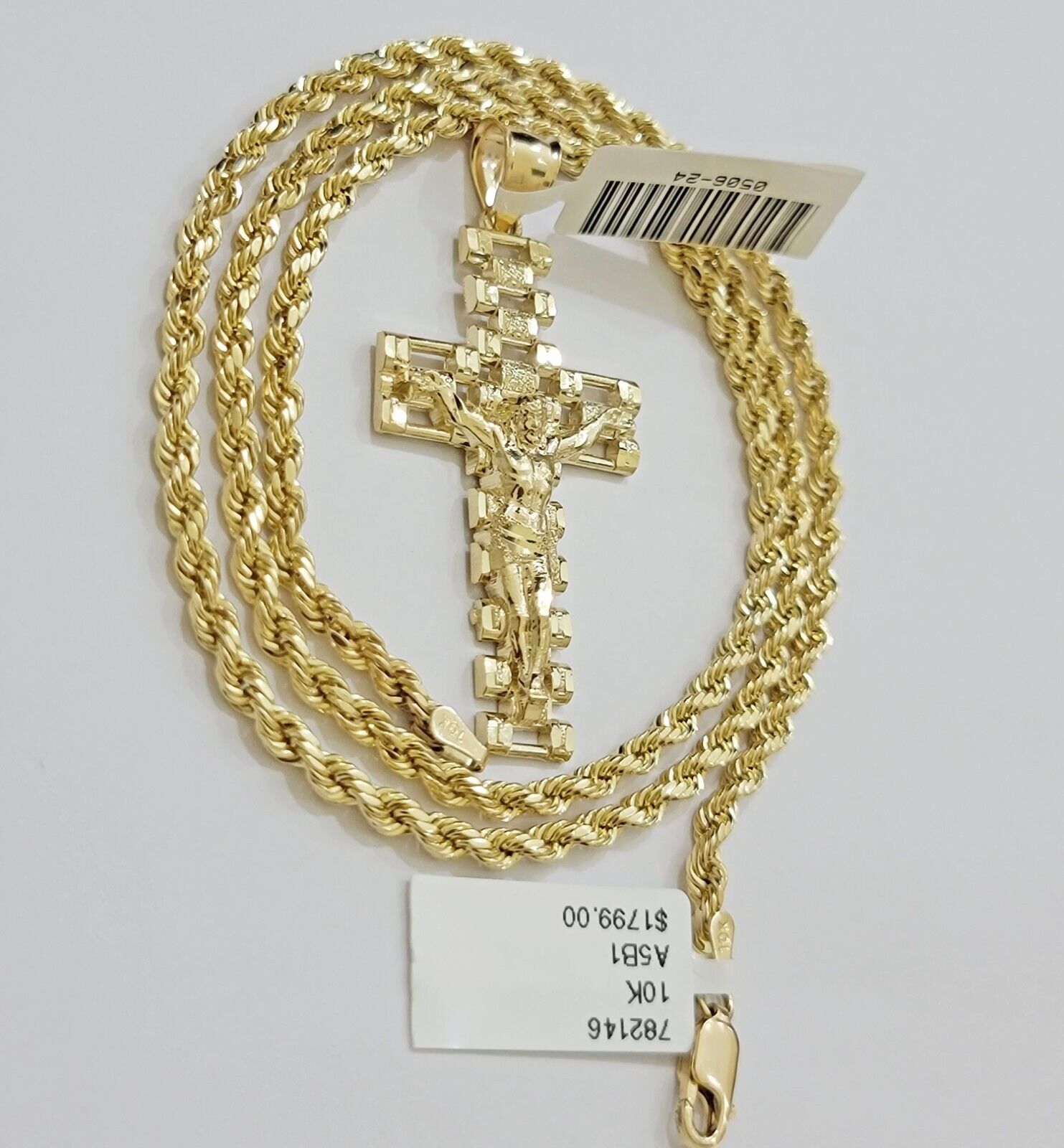 Real 10k Gold Rope Chain Cross SET 3mm 18 - 30" Inch Necklace Jesus Charm Pendant - GoldenlinQ